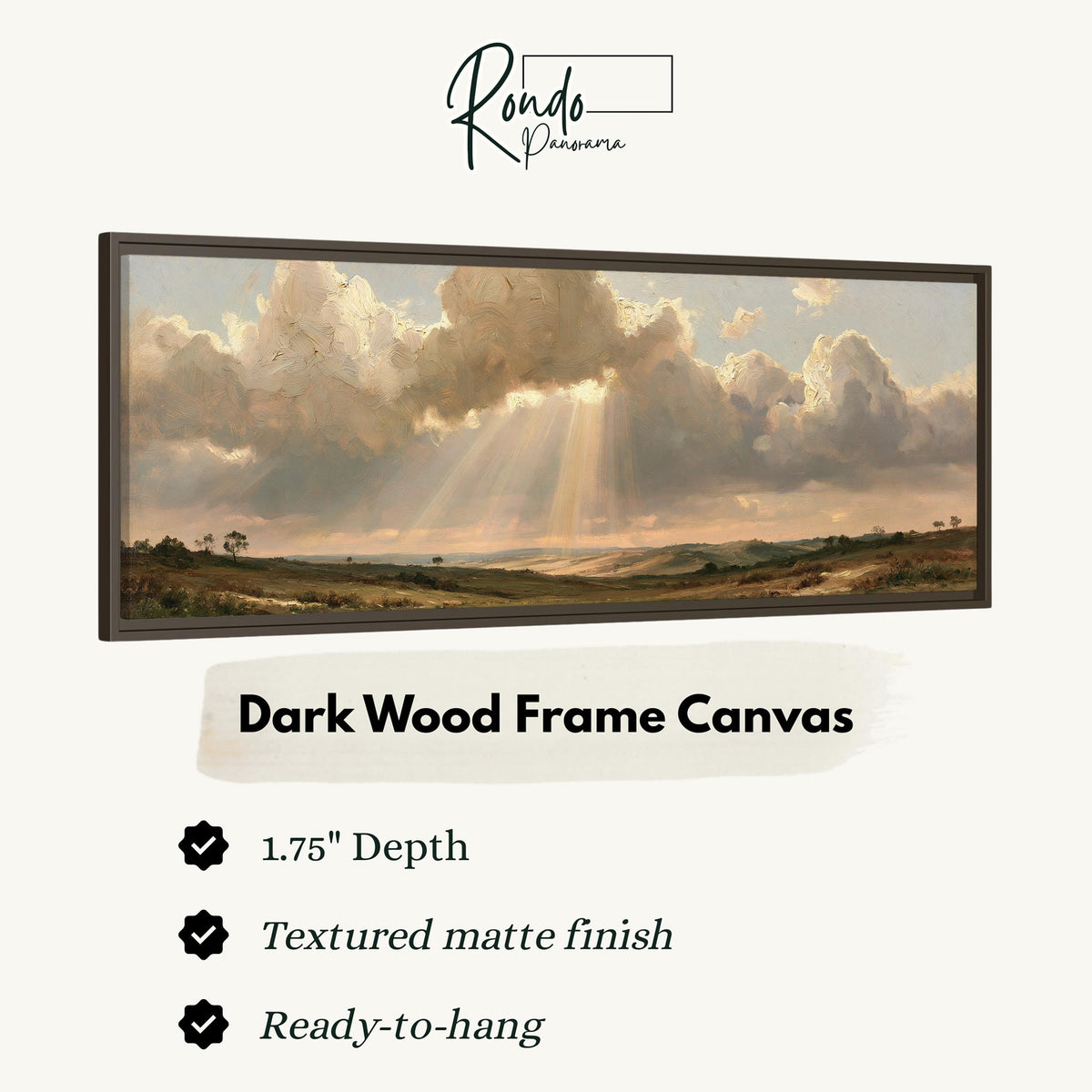 Sunbeams breaking through clouds over plains canvas print in a dark wood floating frame