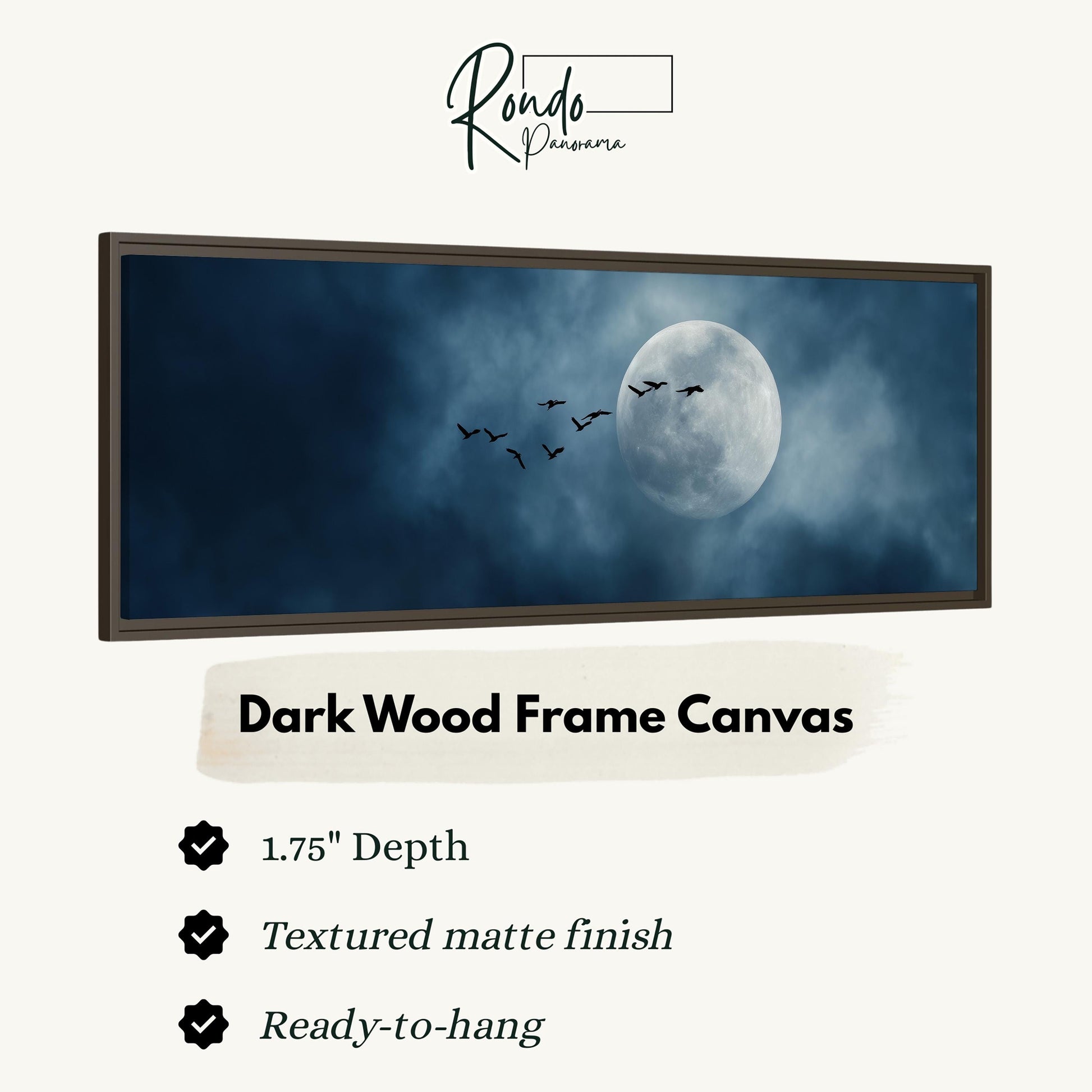 The image is a dark wood frame canvas depicting a full moon surrounded by a flock of birds flying across the night sky.