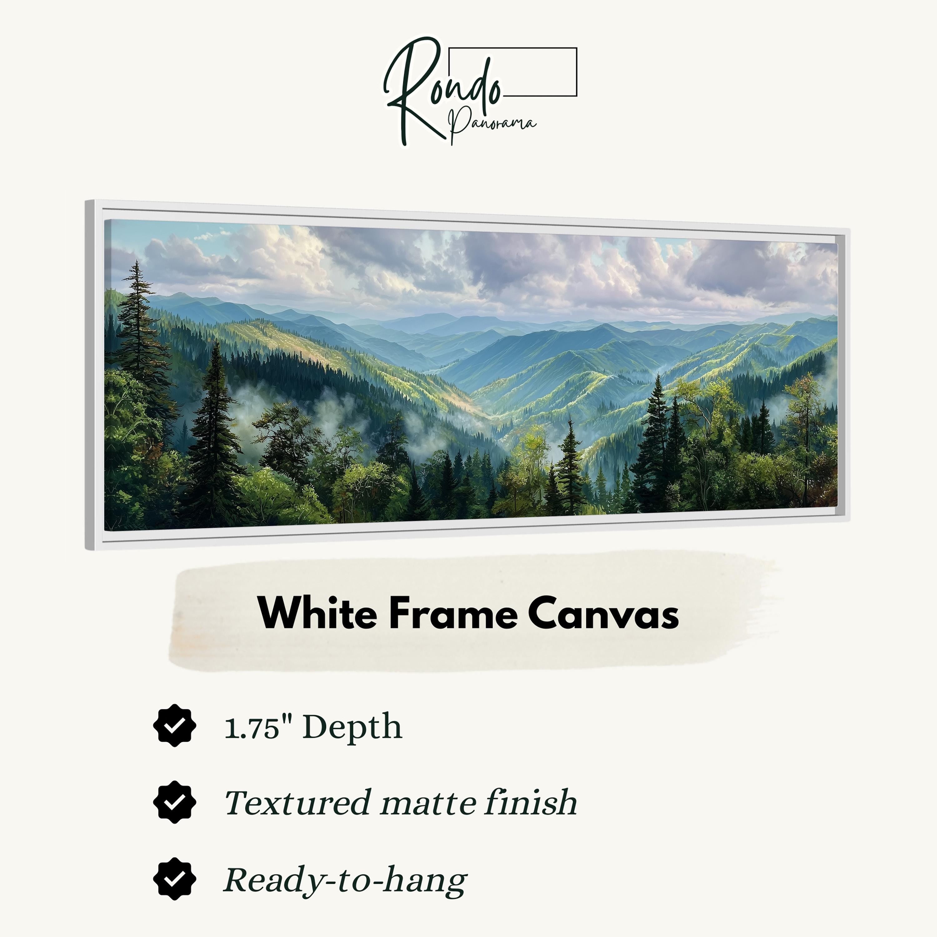 The image is a white frame canvas depicting a scenic mountain landscape with pine trees and a cloudy sky.