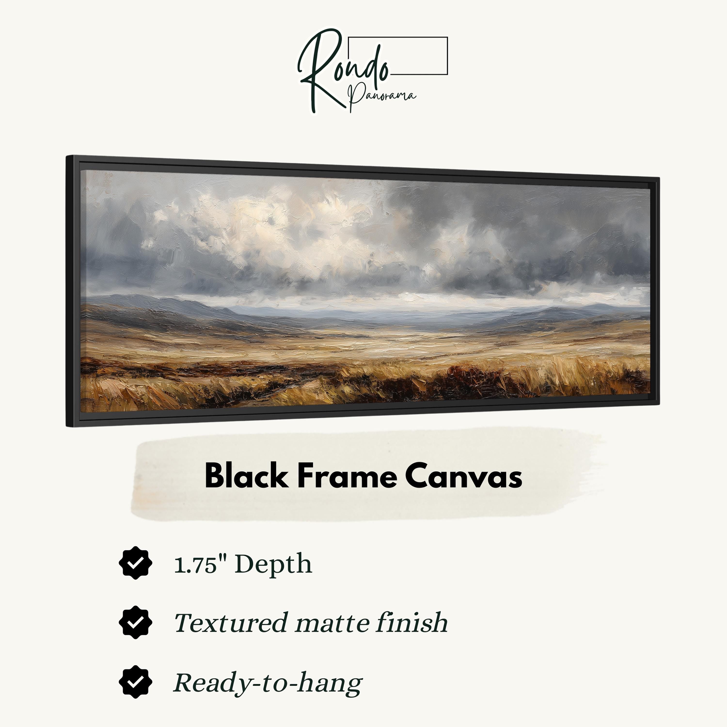 The image is a black frame canvas depicting a landscape with a cloudy sky and a field of grass.