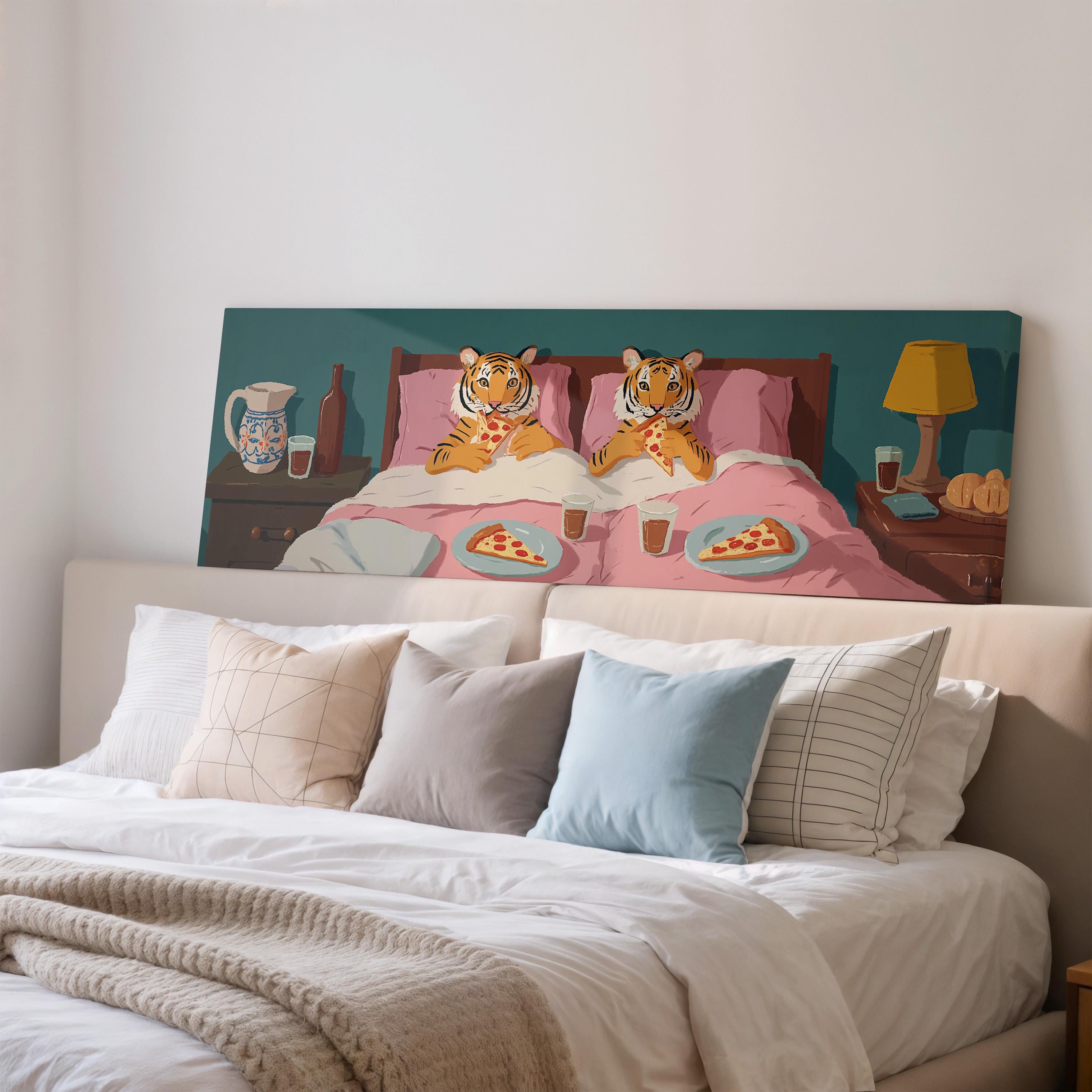 a large painting or artwork depicting two tiger-like creatures sitting on a bed, surrounded by various objects such as a pitcher, a lamp, and plates of food.