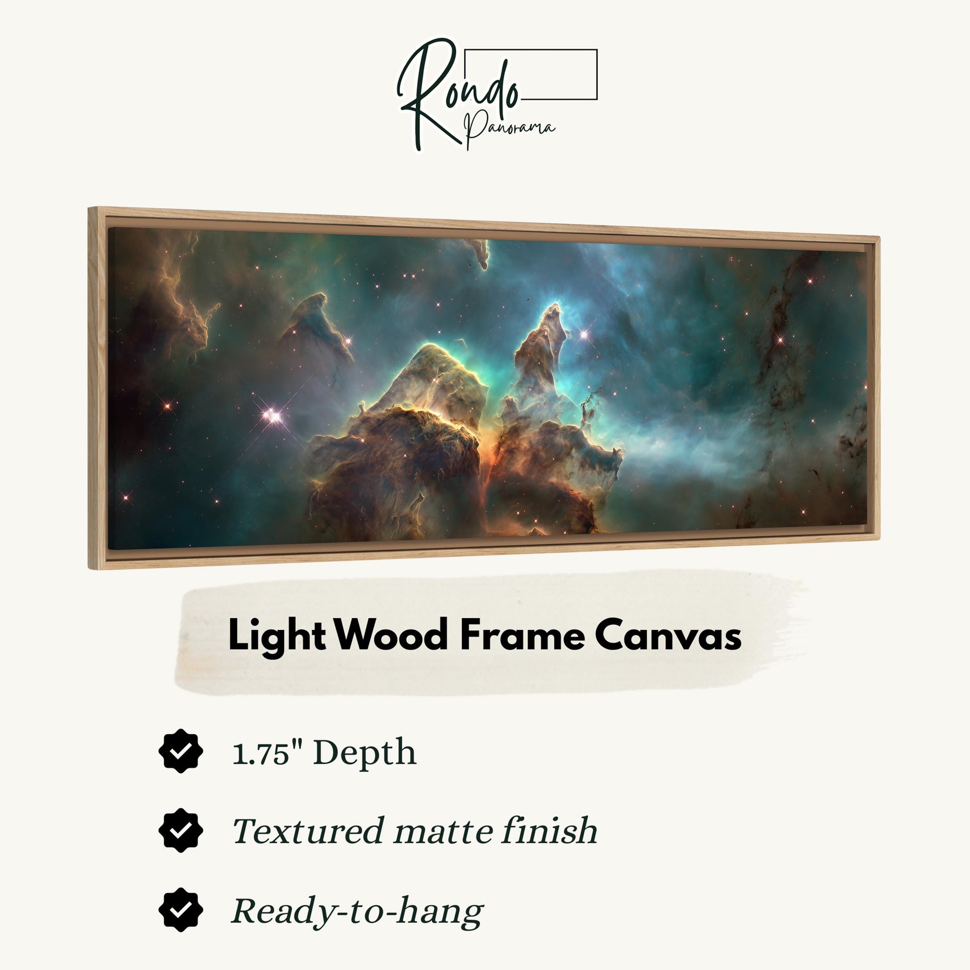 The image is a framed canvas depicting a nebula, which is a large, colorful cloud of gas and dust in outer space.
