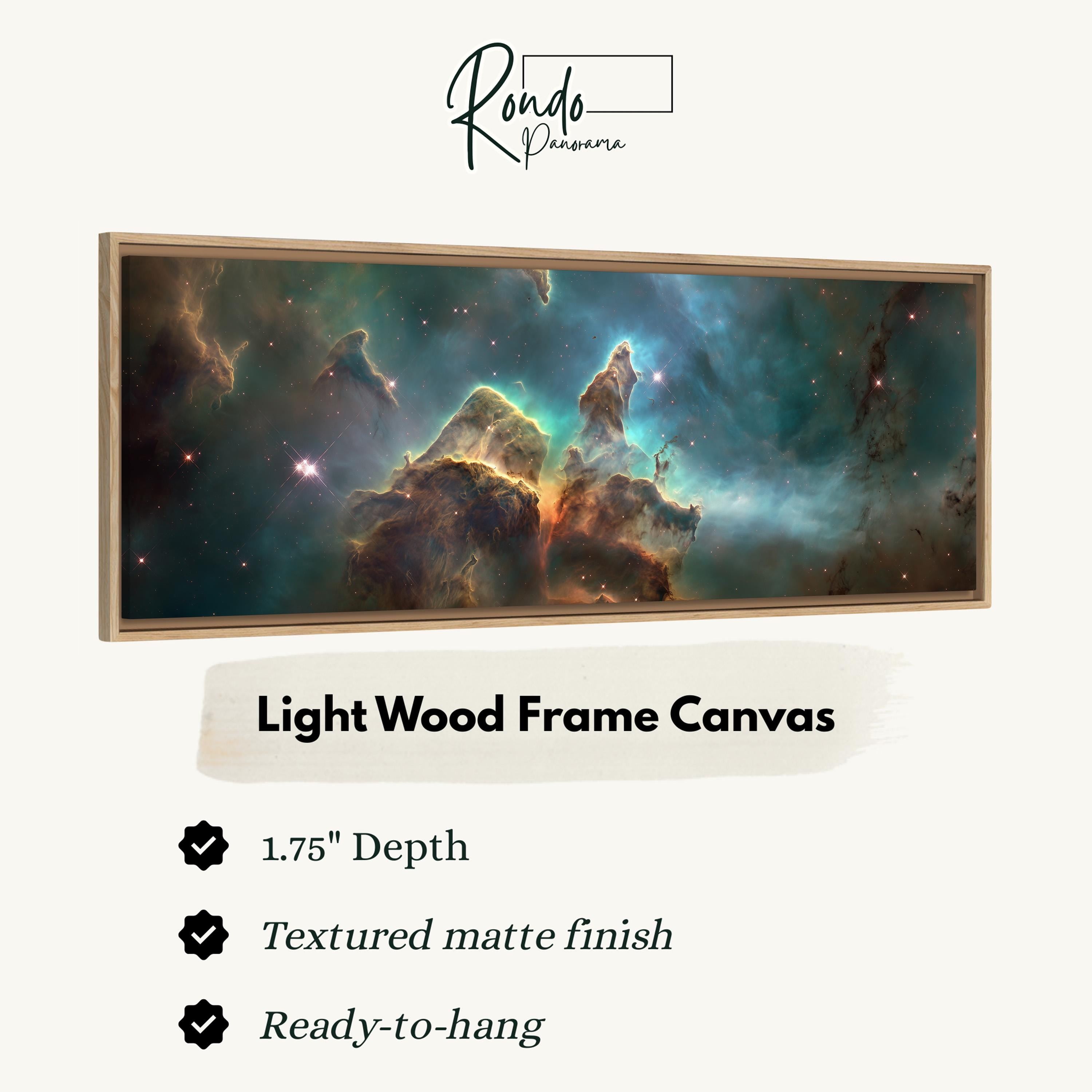 The image is a framed canvas depicting a nebula, which is a large, colorful cloud of gas and dust in outer space.