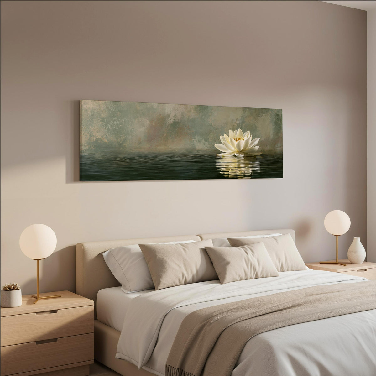 White water lily in soft mist wide panoramic canvas print above a bed in a neutral bedroom