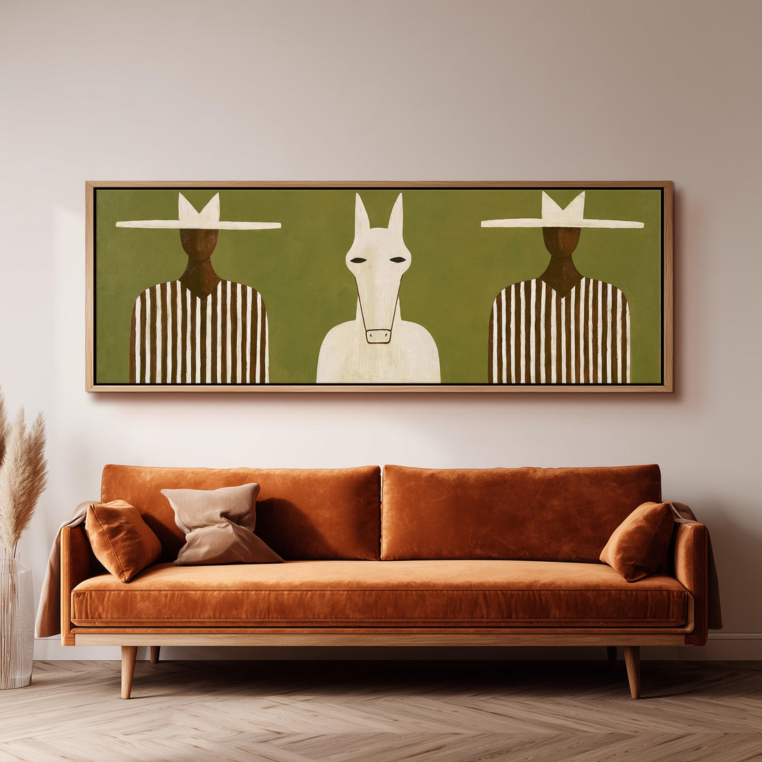 Figure in a white horse mask between two figures long horizontal canvas print displayed on a wall