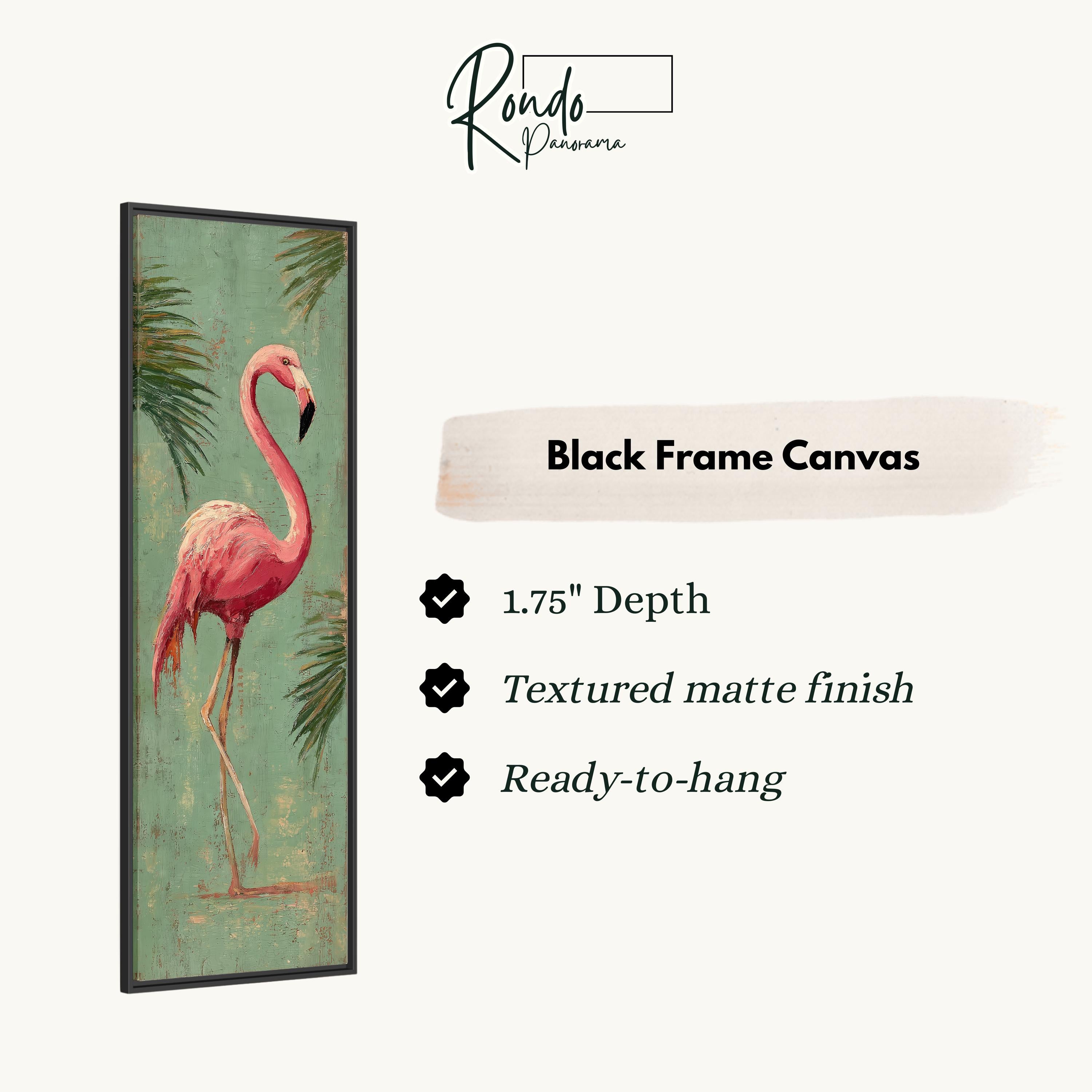 a framed painting of a pink flamingo standing on one leg against a green background with palm leaves.