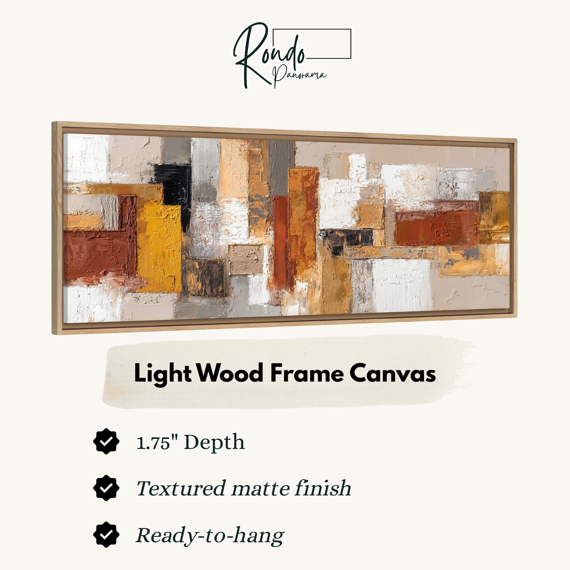 The image is a product advertisement for a light wood frame canvas. It features a large abstract painting with a variety of colors and textures, and provides information about the dimensions and features of the canvas.
