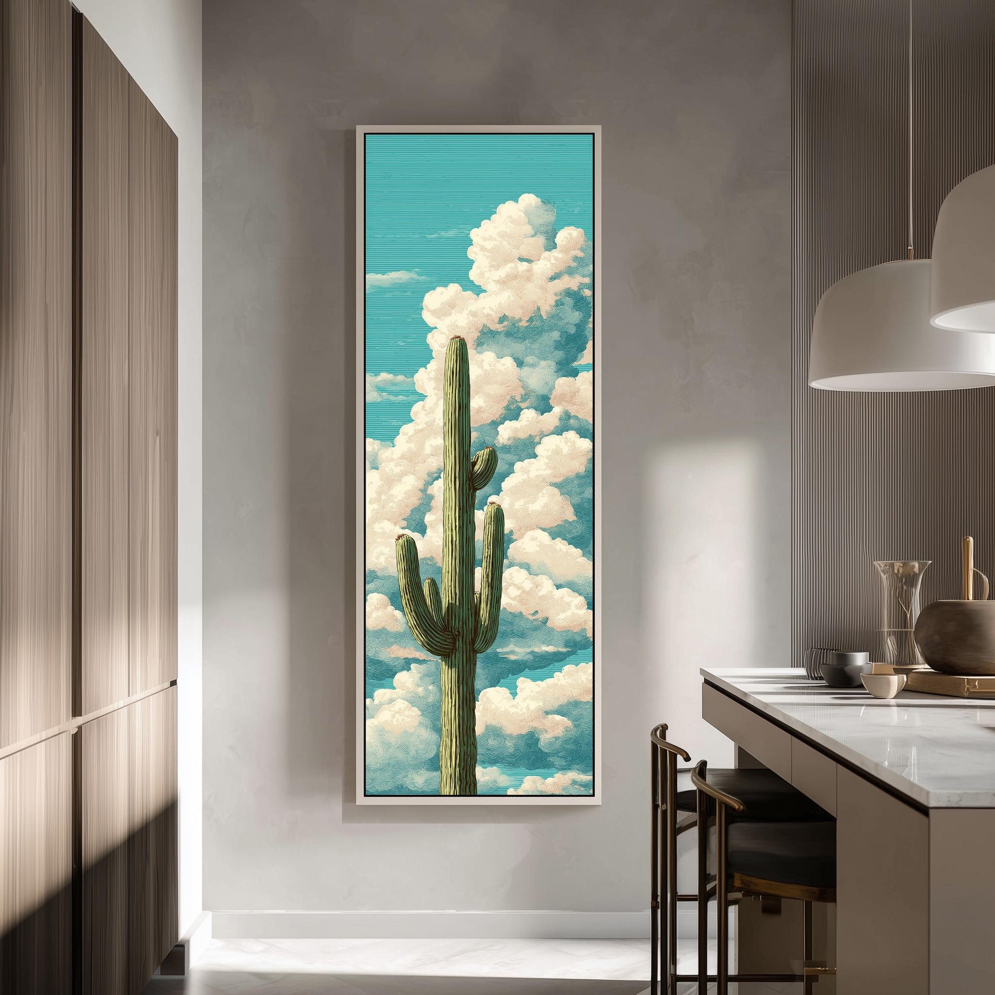 a large framed painting of a cactus against a blue sky with white clouds hanging on a wall in a modern kitchen.