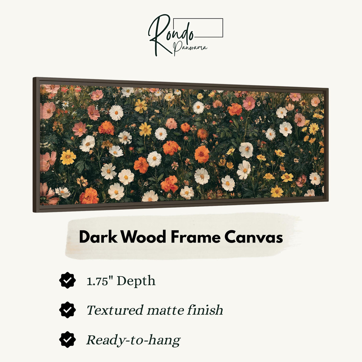 Blooming floral tapestry on dark green canvas print in a dark wood floating frame