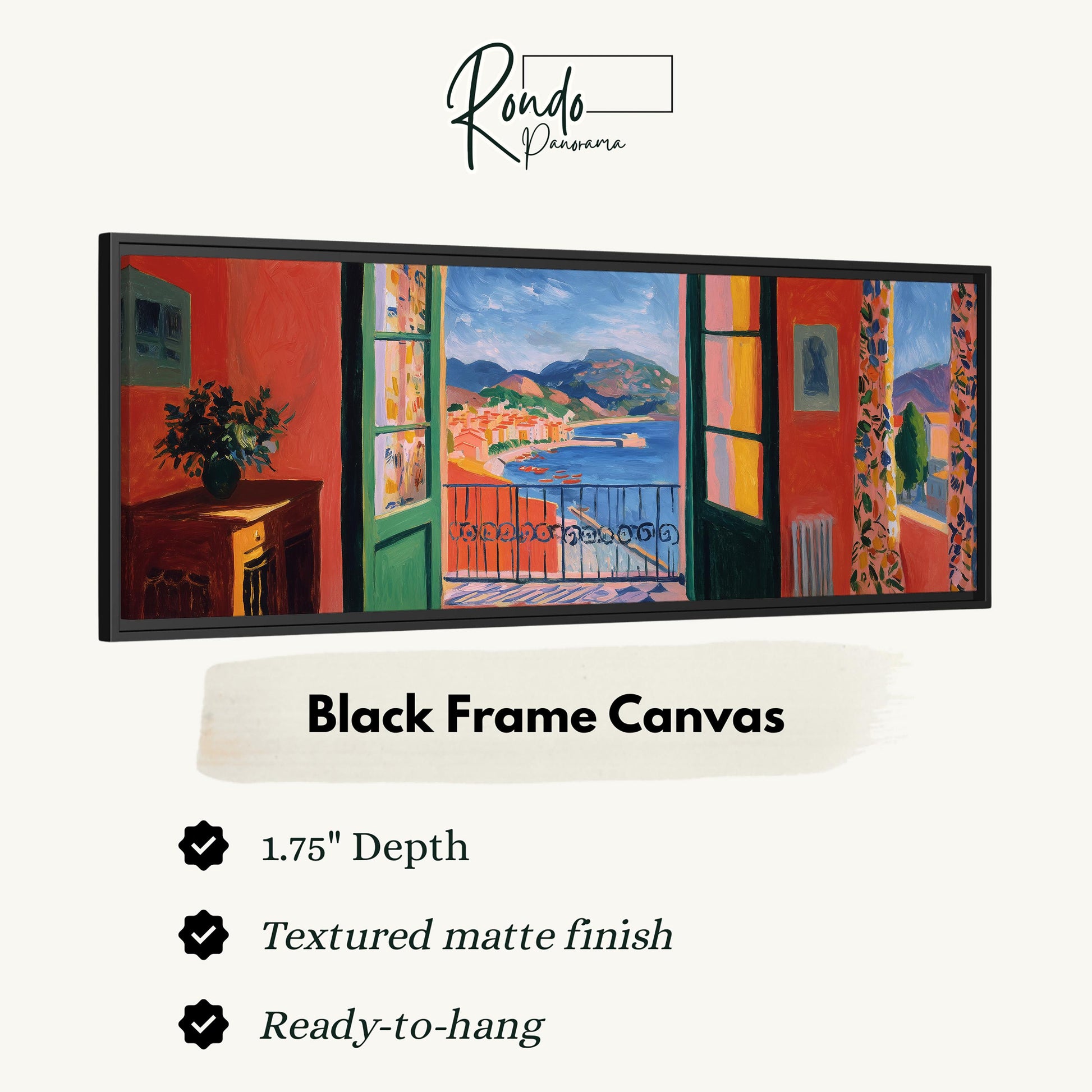 The image is a black frame canvas depicting a colorful painting of a coastal town with a view of the sea through a window.