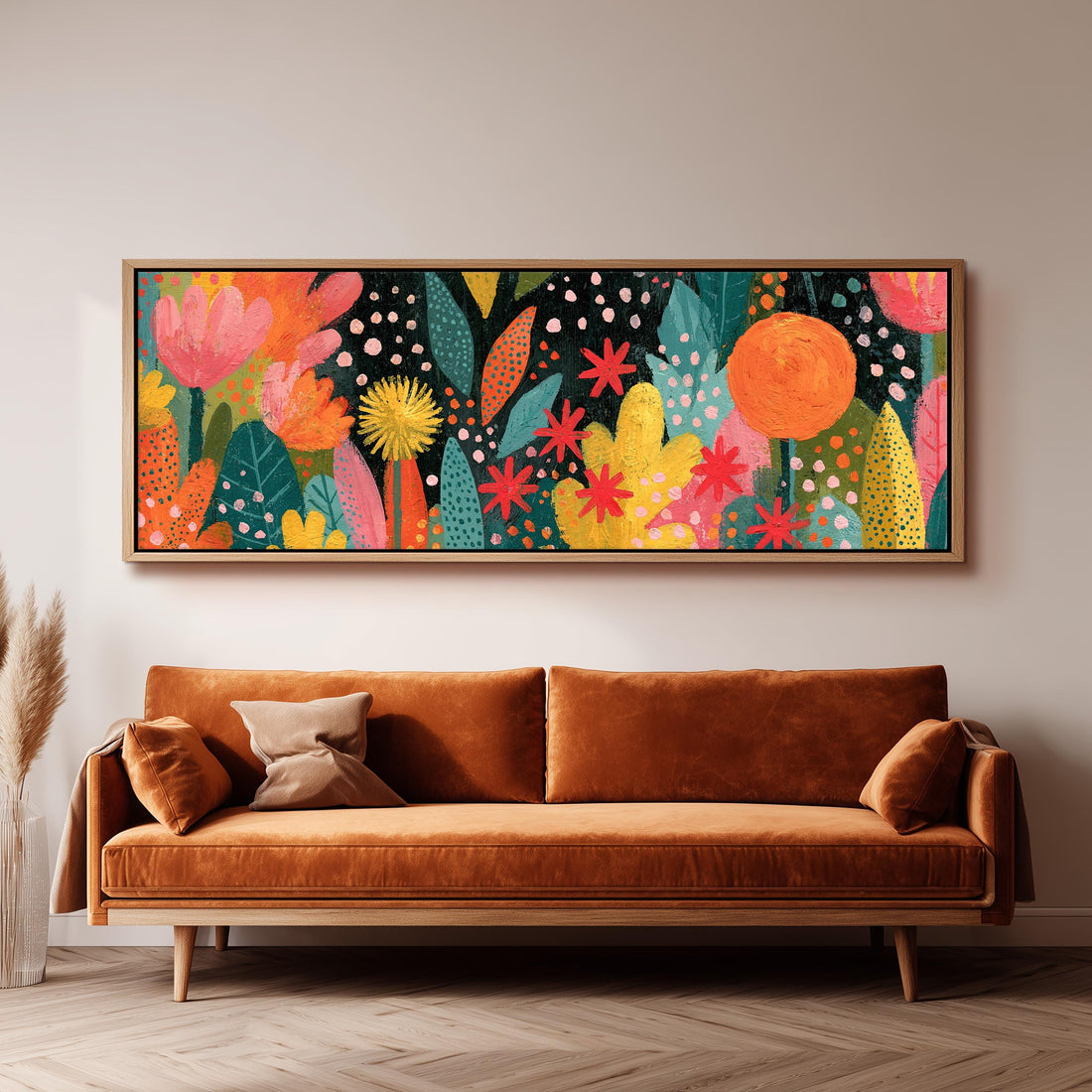 Starburst night garden long horizontal canvas print above a sofa in a living room