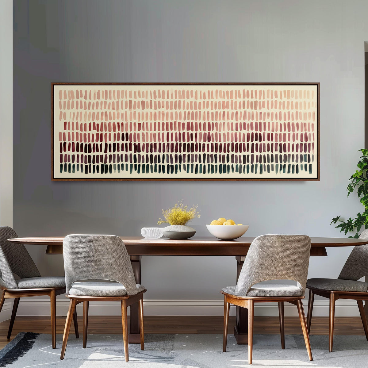 Brushmarks fading from blush to deep maroon long horizontal canvas print above a dining table