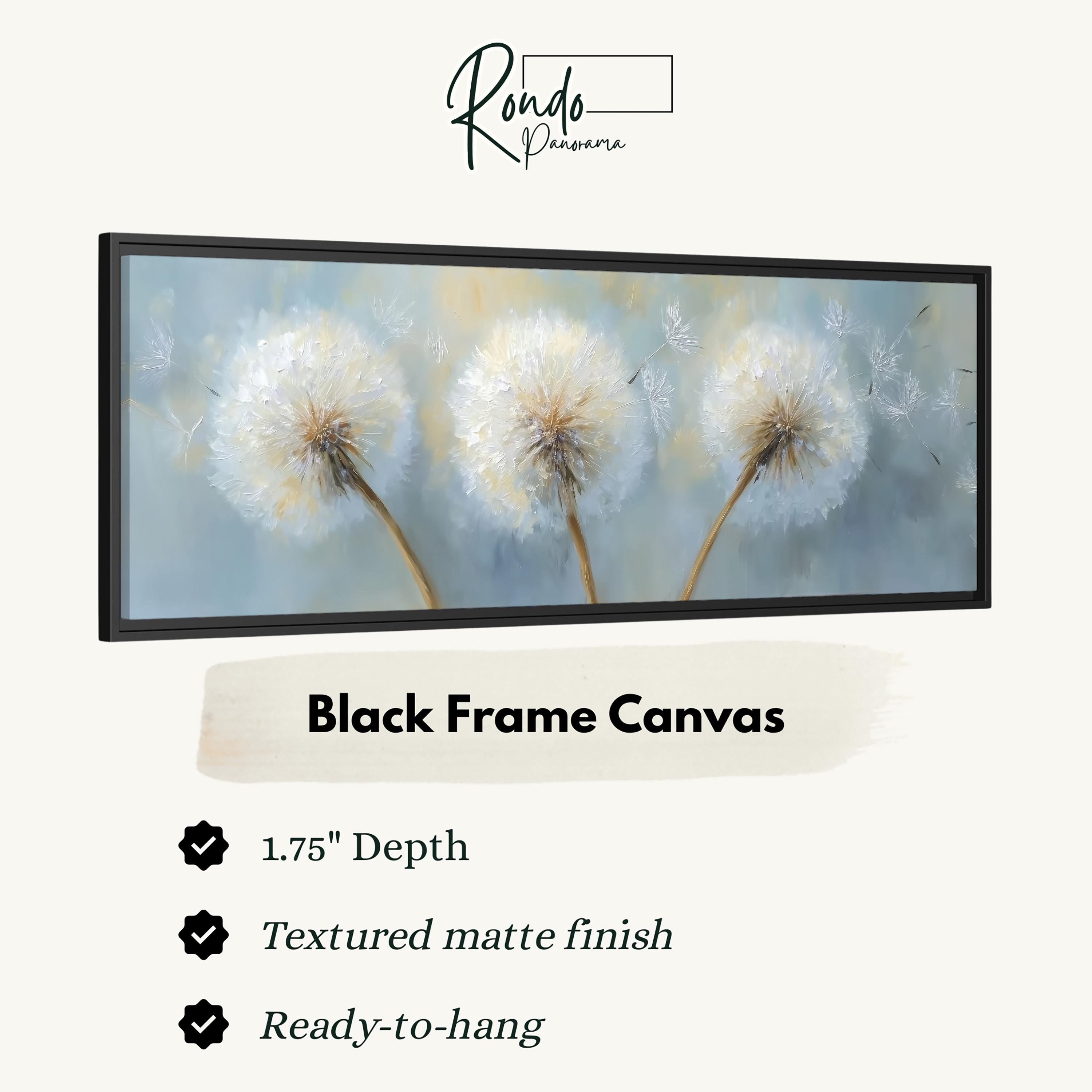 The image is a black frame canvas featuring a painting of three dandelions.