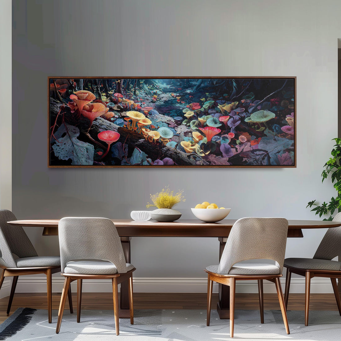 a checkered sofa with a stack of books on the floor in front of it, and a large framed painting of colorful mushrooms hanging on the wall above the sofa.