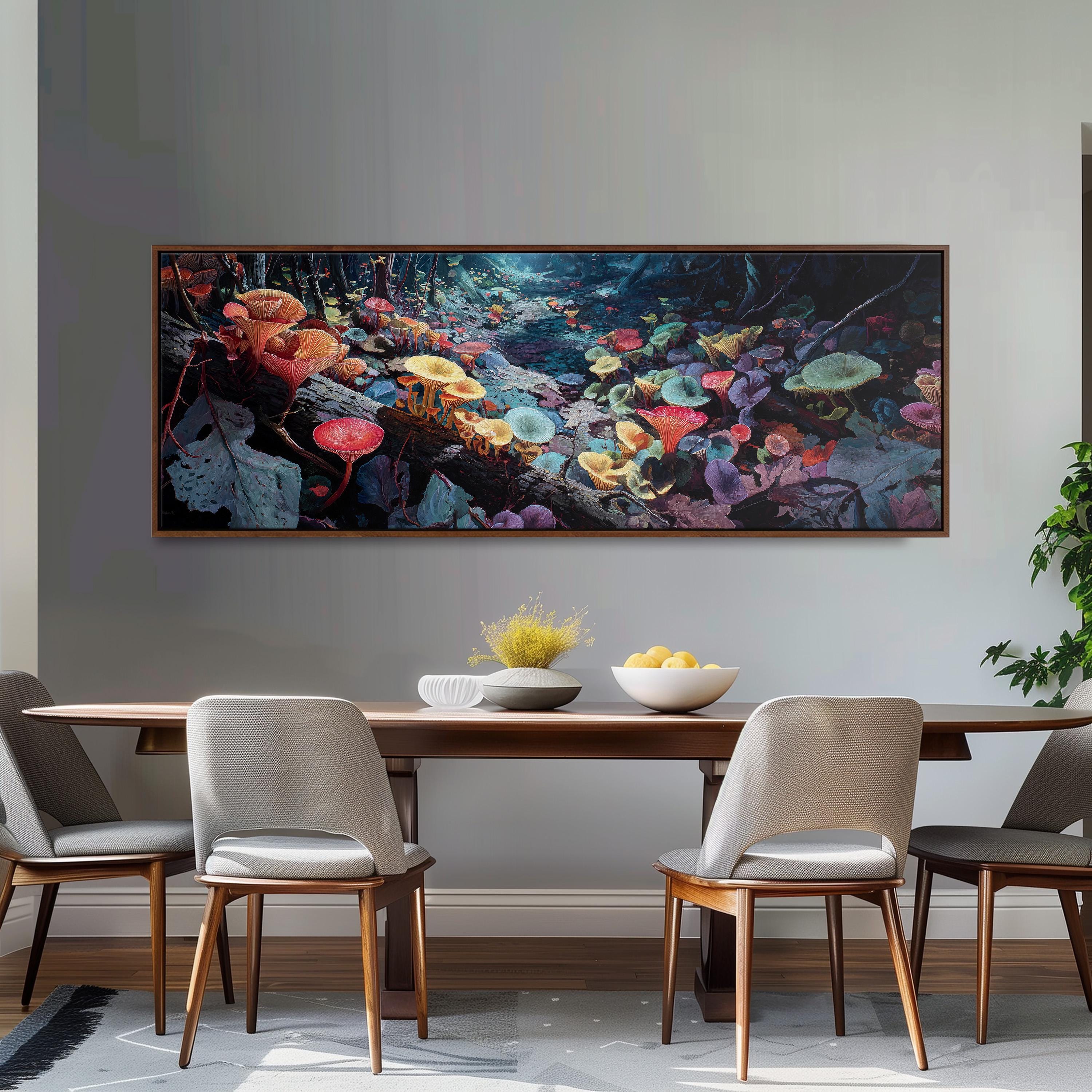 a dining room with a large, colorful painting of mushrooms hanging on the wall above a wooden dining table with four chairs. The table is set with a bowl of fruit and a vase of flowers, creating a cozy and inviting atmosphere.