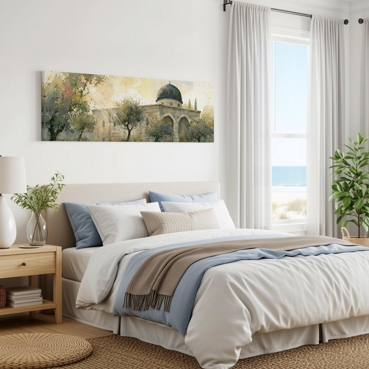 Sunlit dome in an olive grove panoramic canvas print above a bed in a coastal bedroom