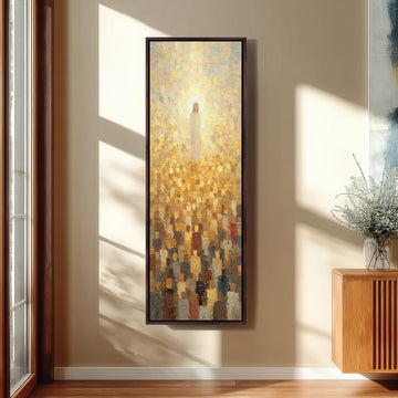 Jesus glowing above a golden crowd long vertical canvas print in a sunlit living space