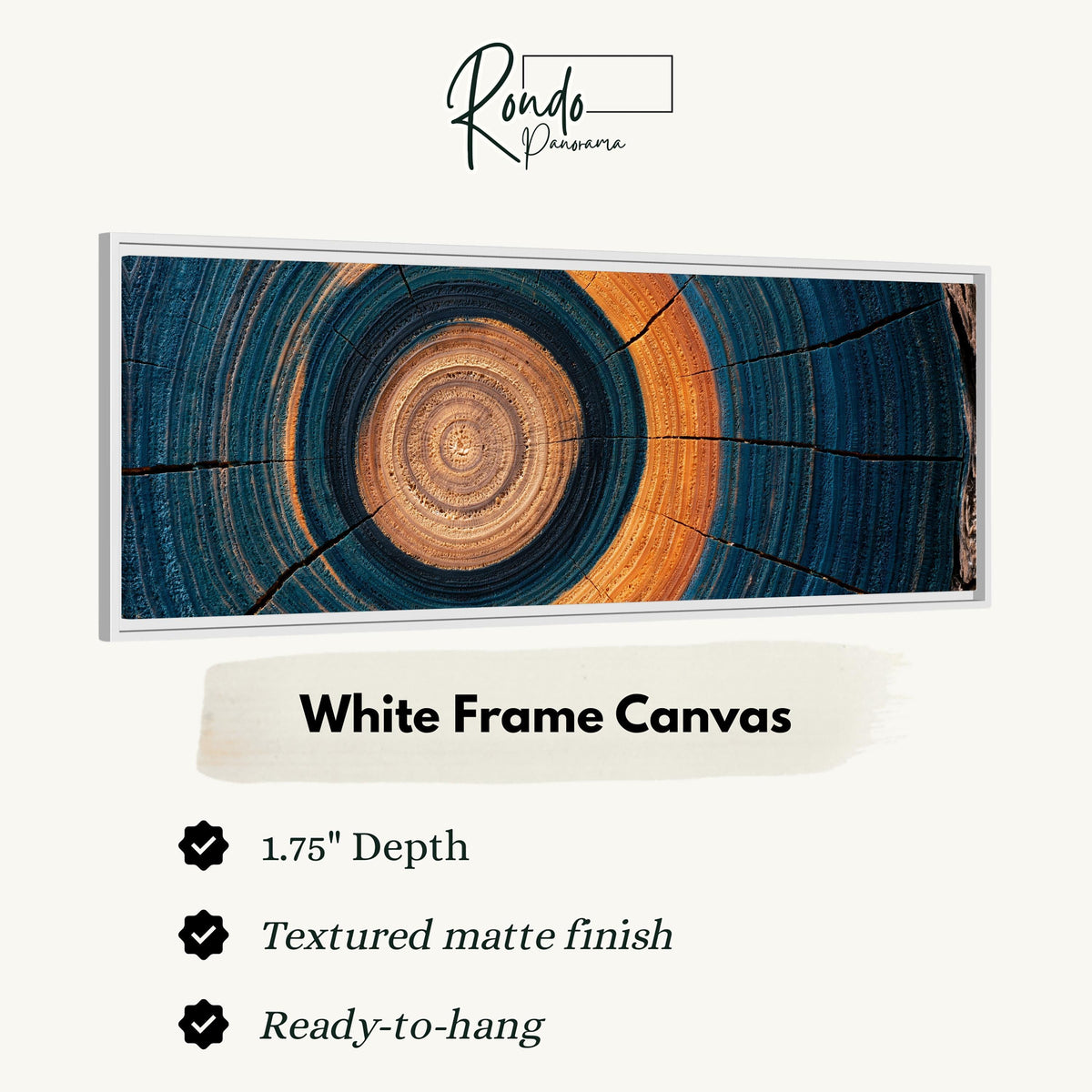 Teal and orange tree ring canvas print in a white floating frame