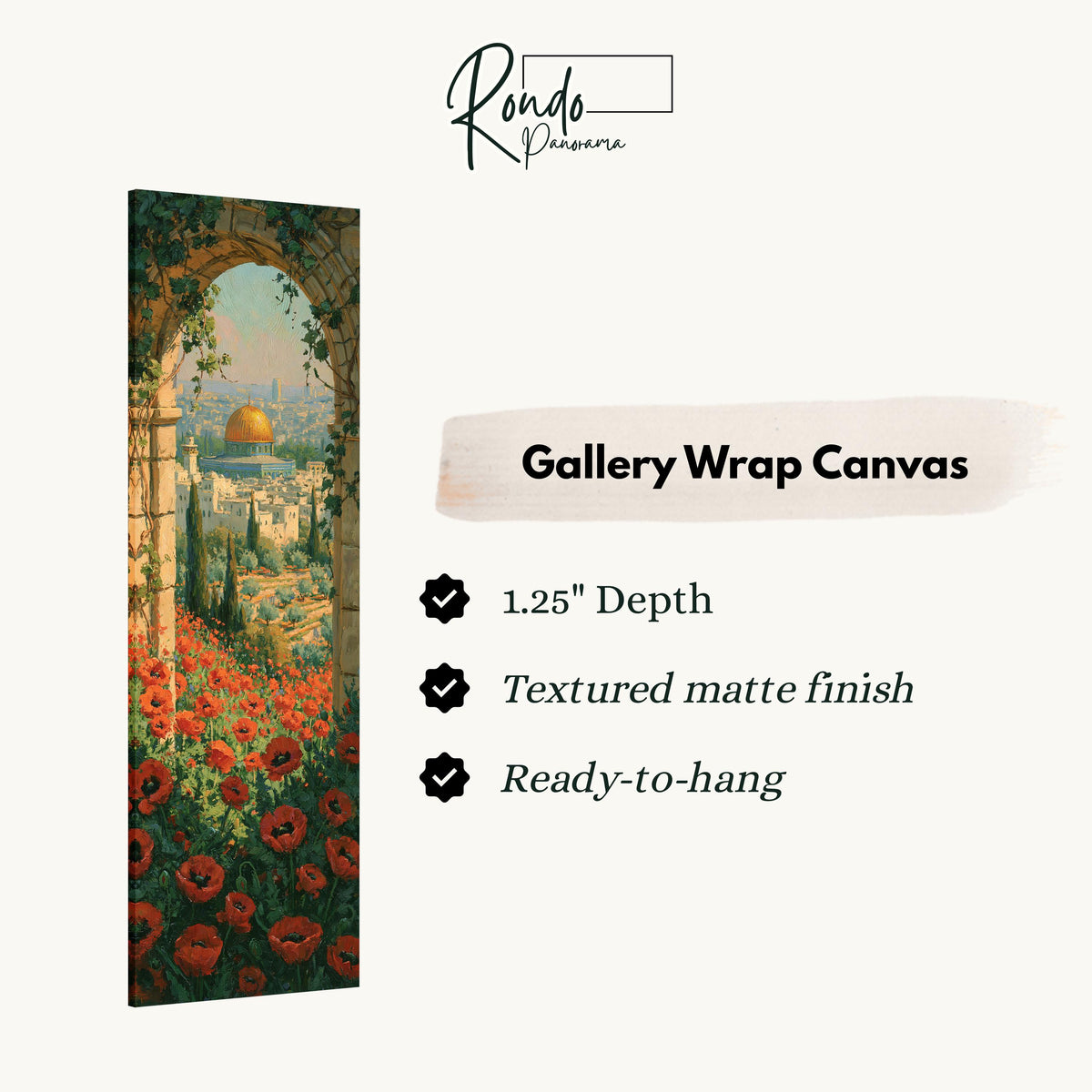 Jerusalem seen through an arch above red poppies gallery wrap canvas with the image wrapped around the edges