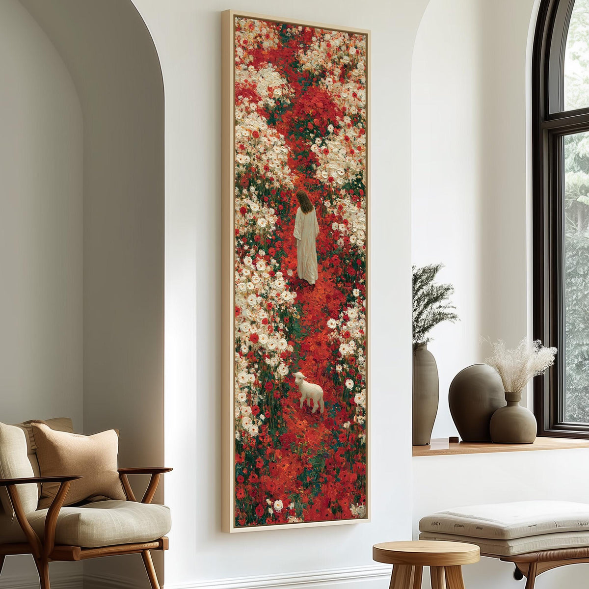Jesus with a lamb in a red flower field tall skinny canvas print in a sunlit living space