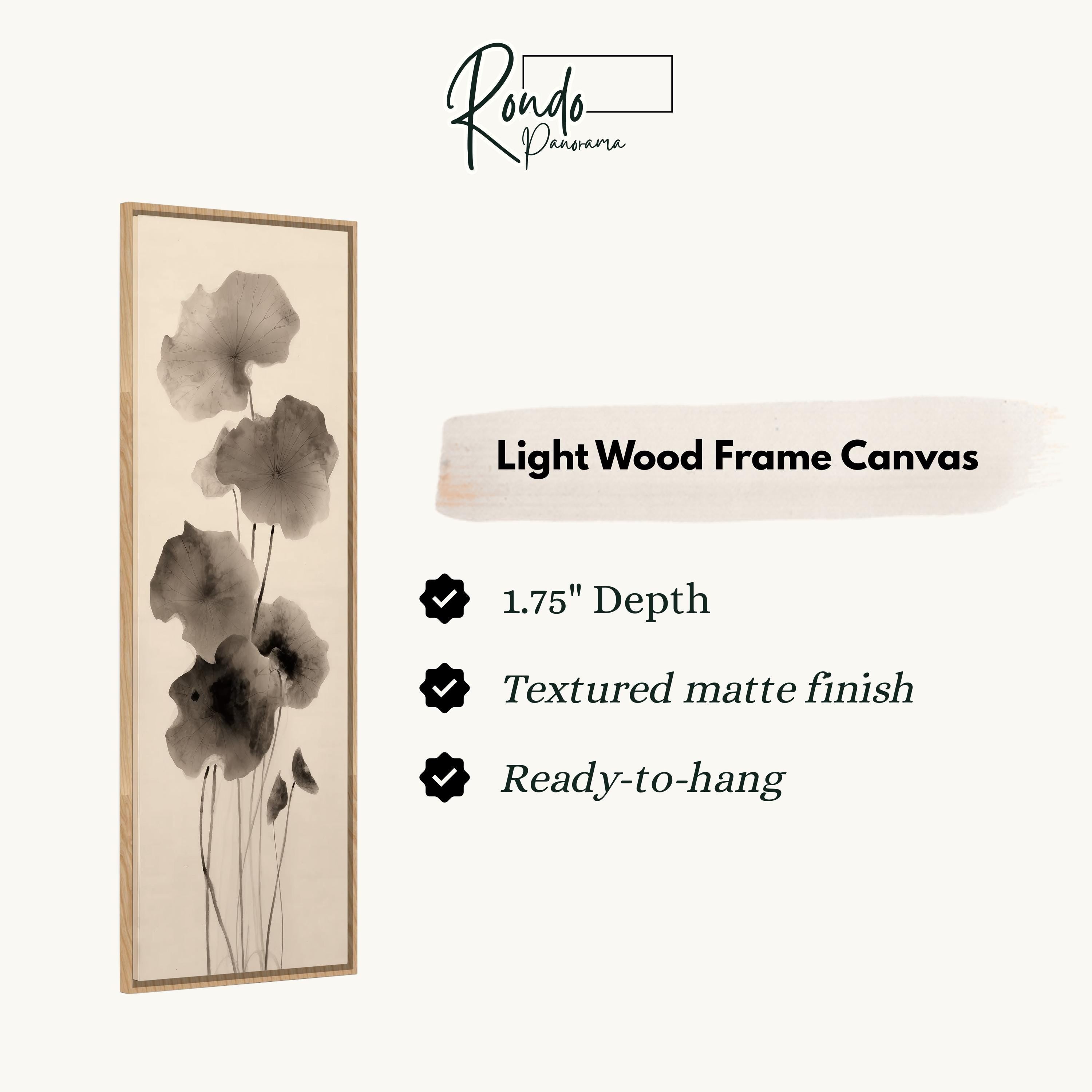 The image is a product description for a light wood frame canvas. It features a black and white image of a flower on a wooden frame, along with text describing the features of the product.