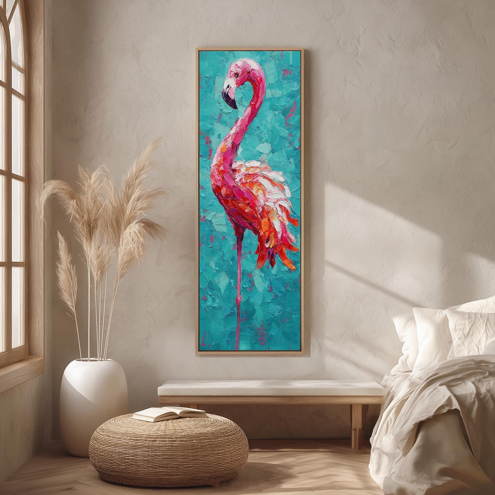a large painting of a flamingo hanging on a wall in a room with a wooden floor and a white bench.