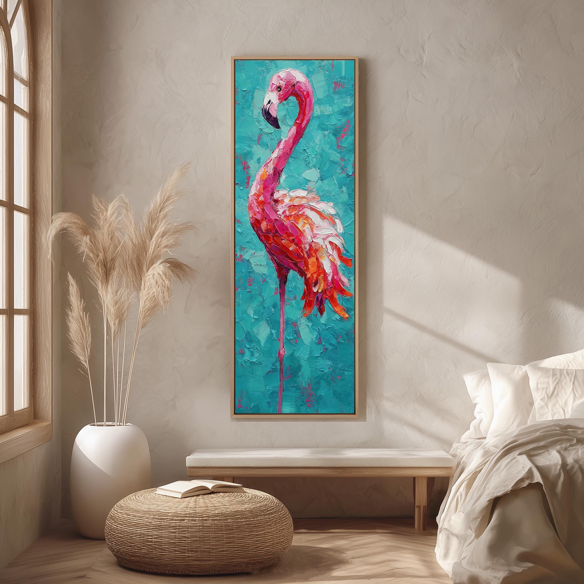 a large painting of a flamingo hanging on a wall in a room with a wooden floor and a white bench.