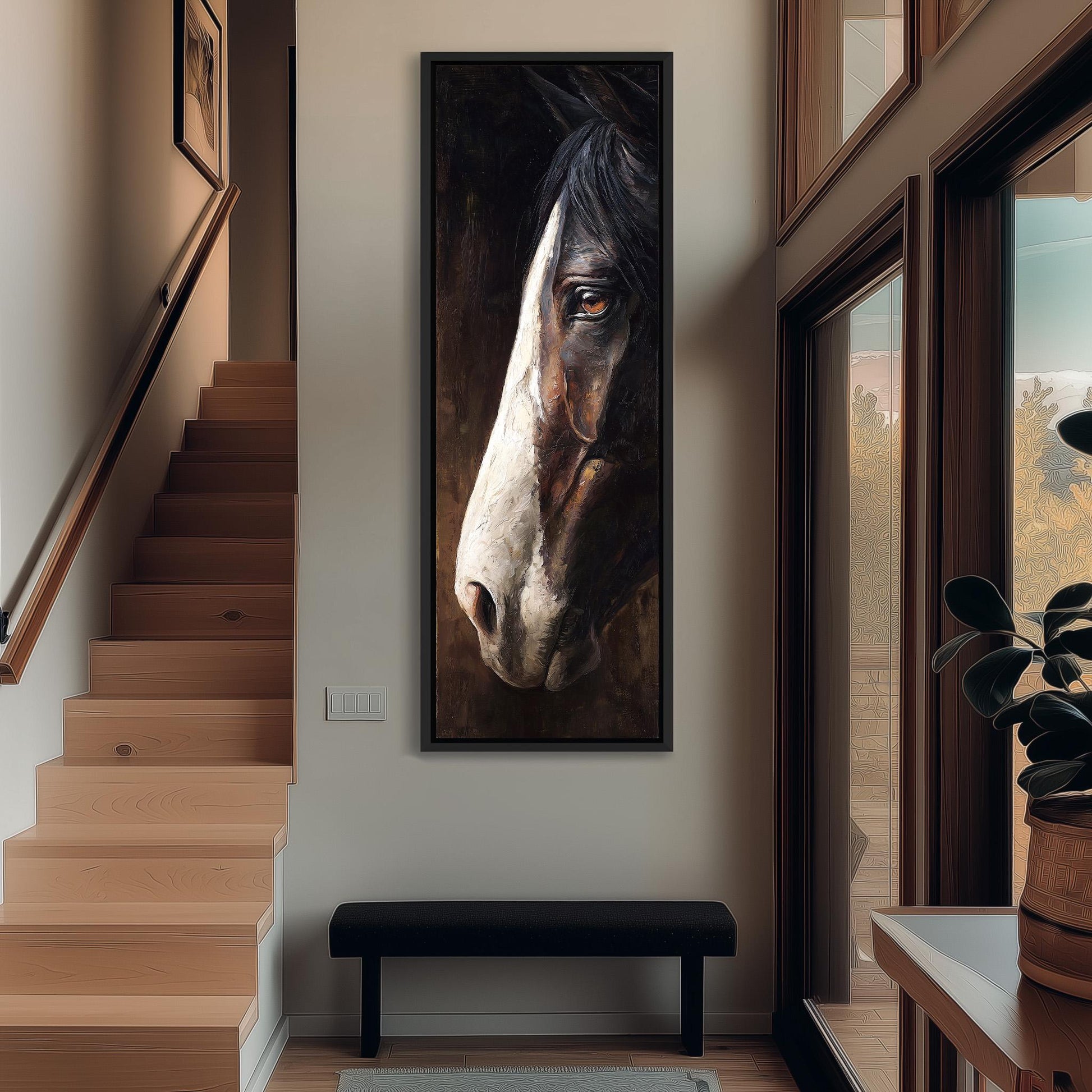 a large, framed painting of a horse's face hanging on a wall in a hallway.