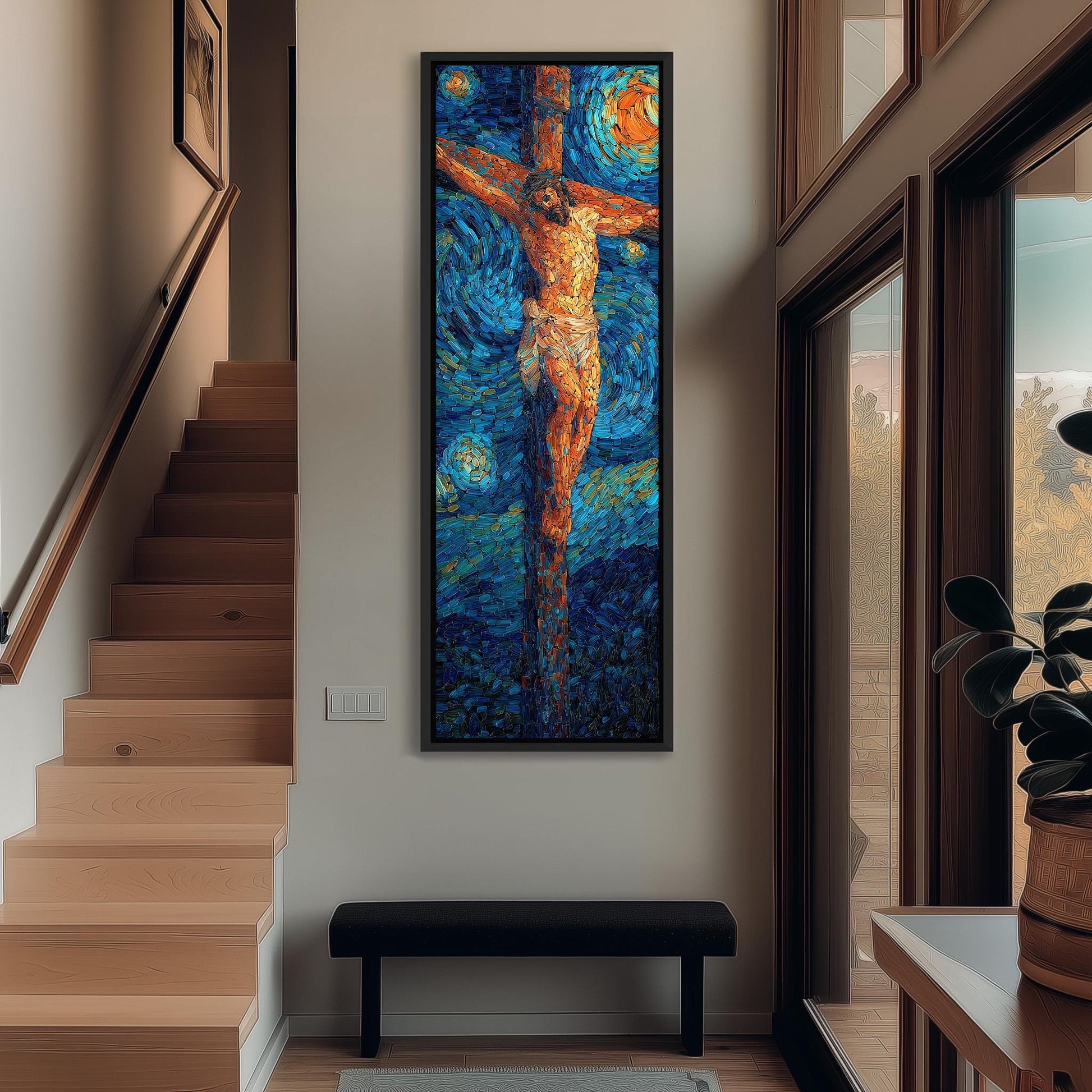 a large, colorful painting of a figure on a cross hanging on a wall in a hallway.