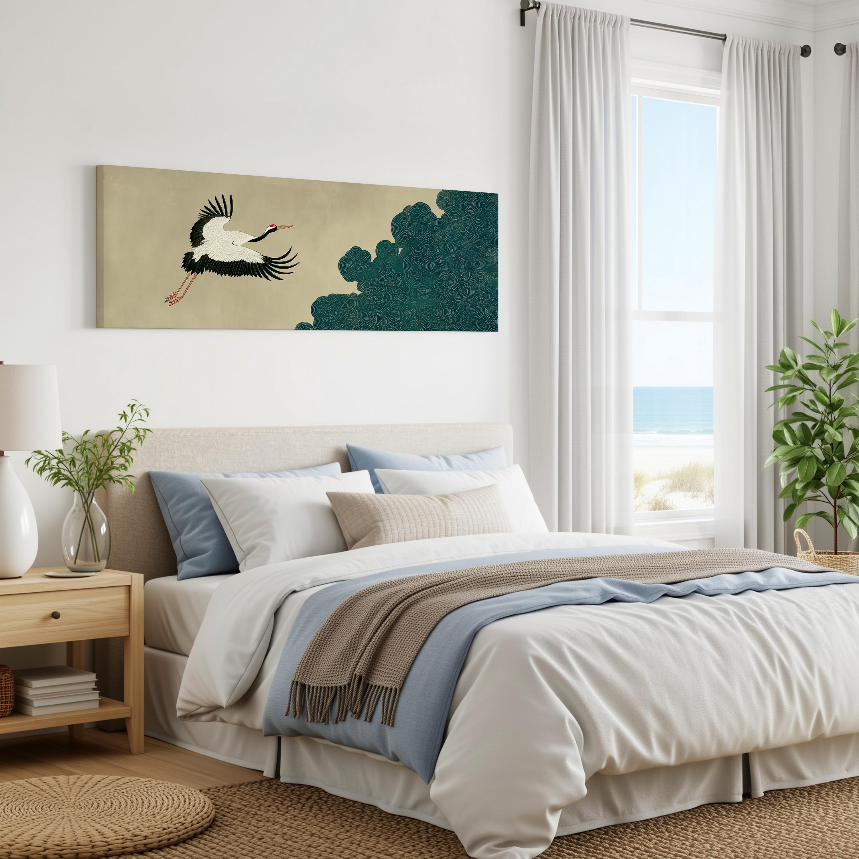 a serene bedroom with a large bed, a painting of a bird in flight, and a window overlooking the ocean.