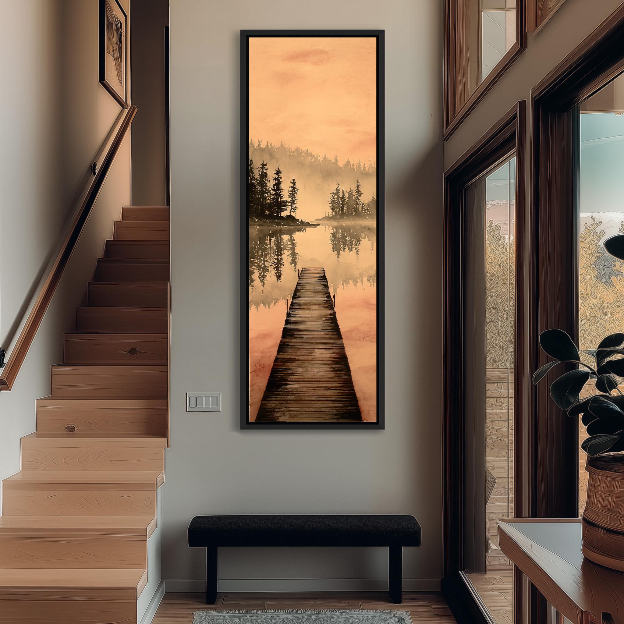 a hallway with a wooden staircase, a bench, and a large painting of a wooden dock leading to a lake. The painting is hanging on the wall, and the hallway has a window and a door.
