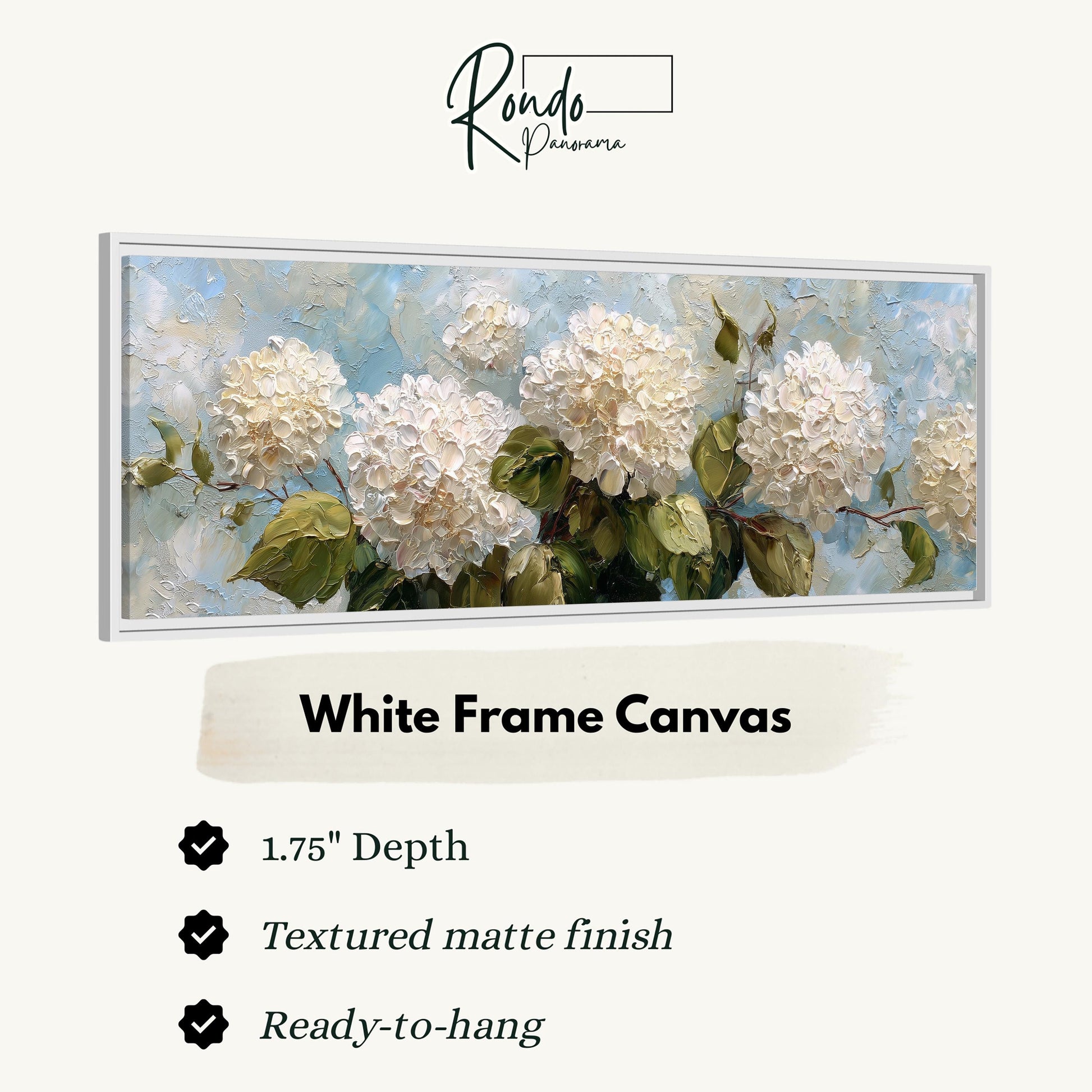 The image is a framed painting of white hydrangea flowers.
