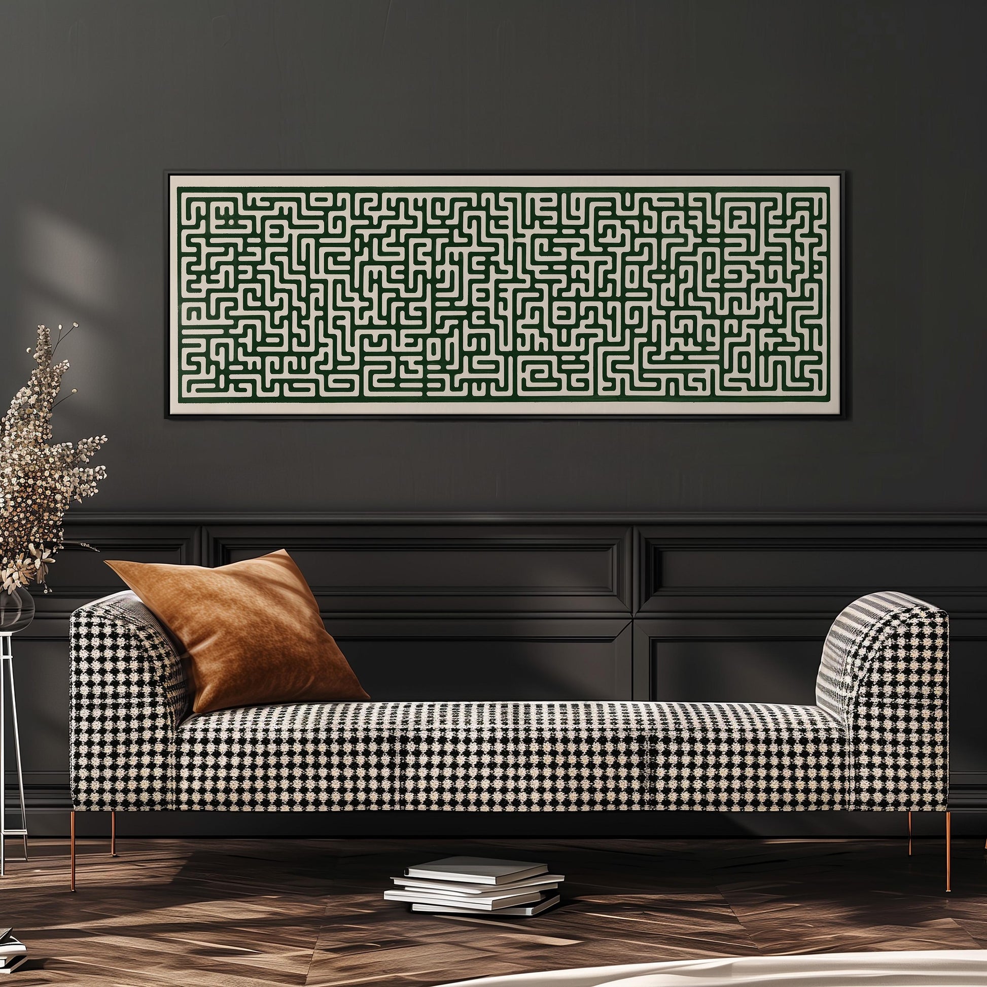 a black and white checkered sofa with a brown throw pillow, set against a dark wall with a large abstract painting hanging above it.