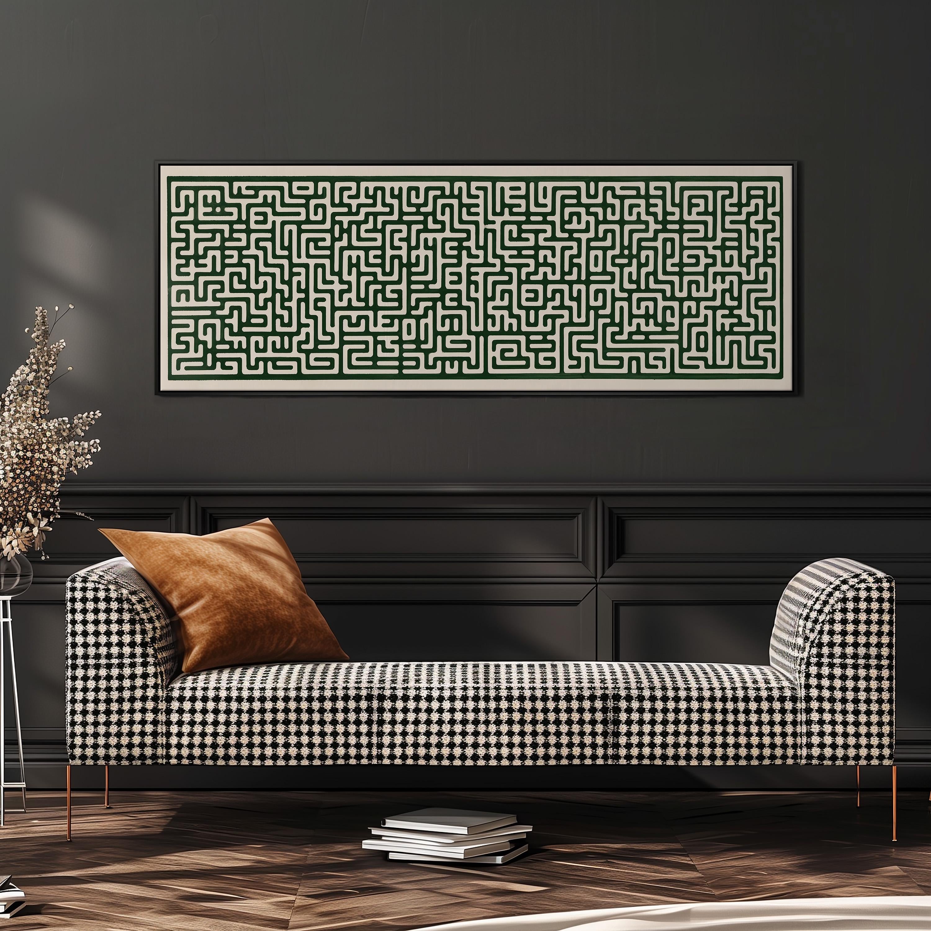 a black and white checkered sofa with a brown throw pillow, set against a dark wall with a large abstract painting hanging above it.