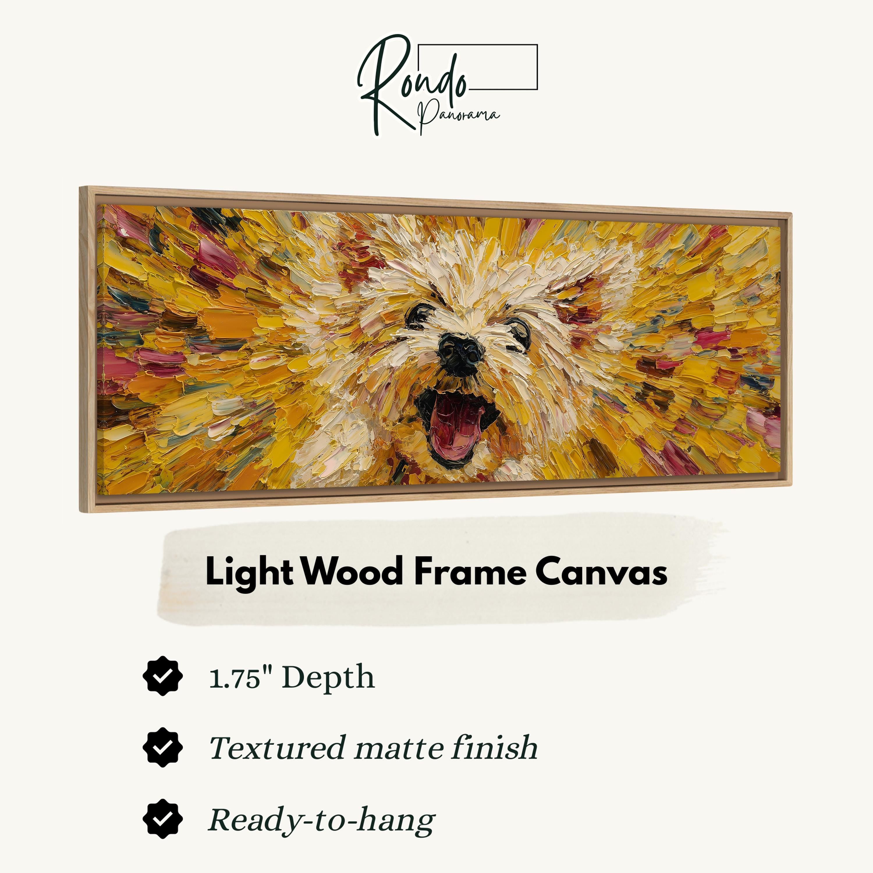 The image is a framed artwork depicting a dog with a wide-open mouth, surrounded by a vibrant, textured wood frame.