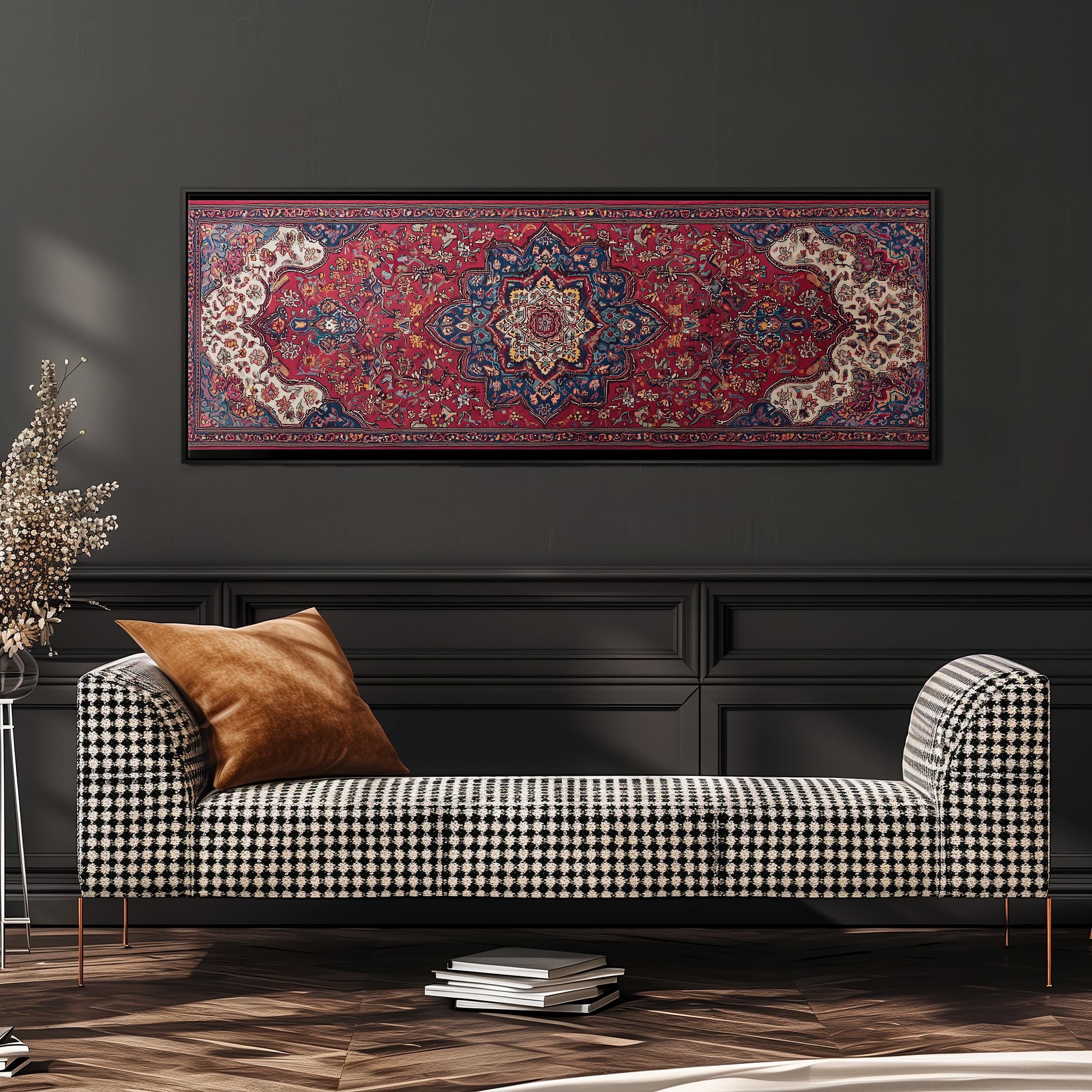 a black and white checkered sofa with a brown throw pillow, set against a dark wall with a large framed rug hanging above it.