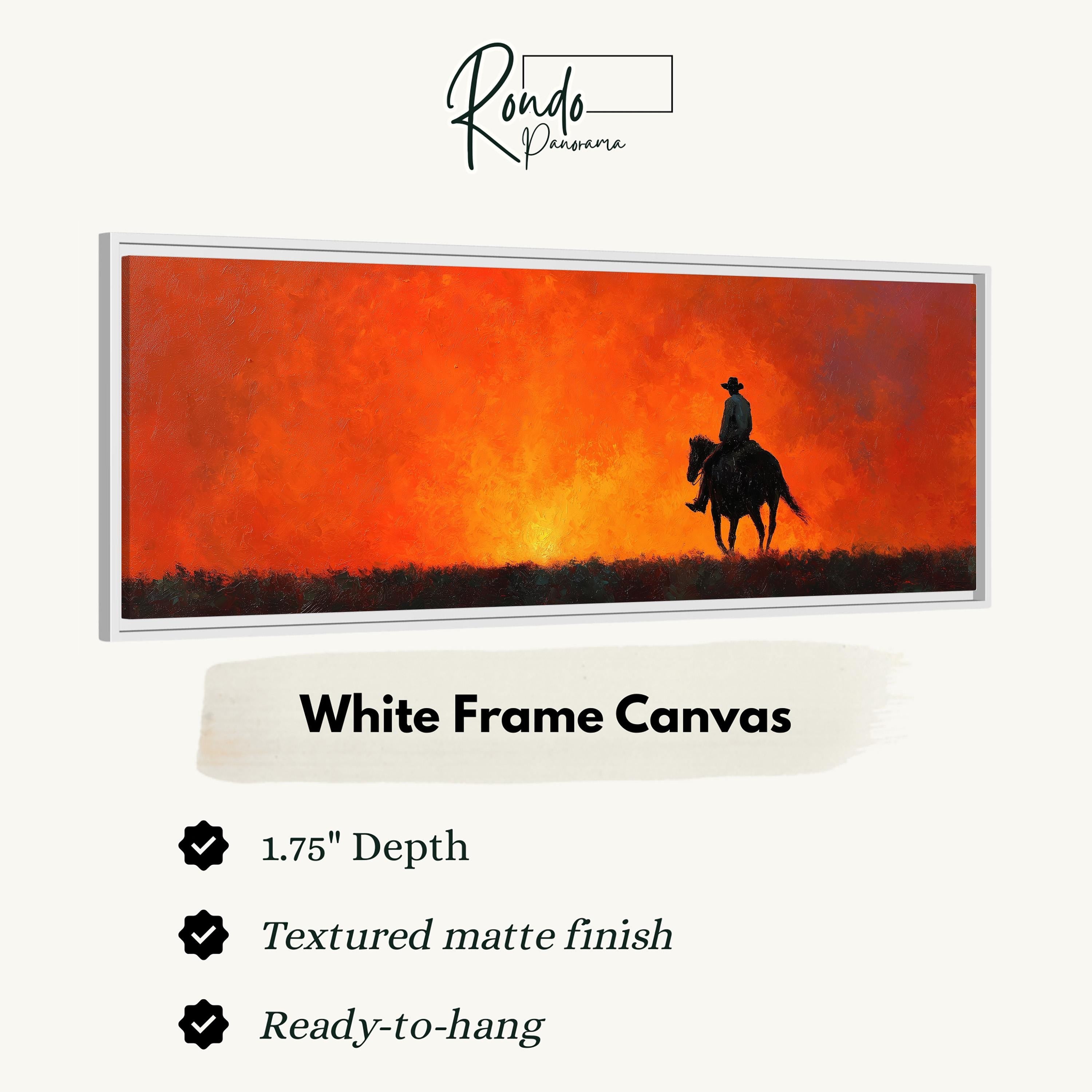 The image is a white frame canvas depicting a cowboy riding a horse against a sunset.