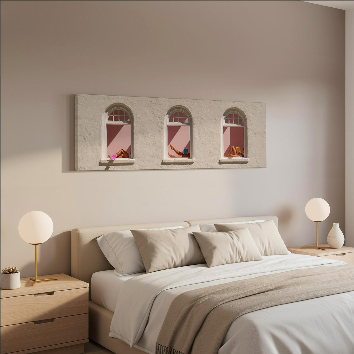 Women reading in three arched windows wide panoramic canvas print above a bed in a neutral bedroom
