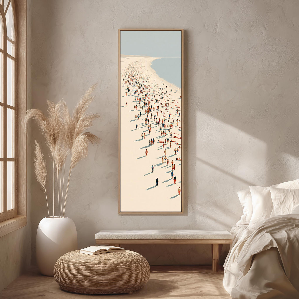 Beach walkers along a diagonal shoreline long vertical canvas print in a bright reading corner