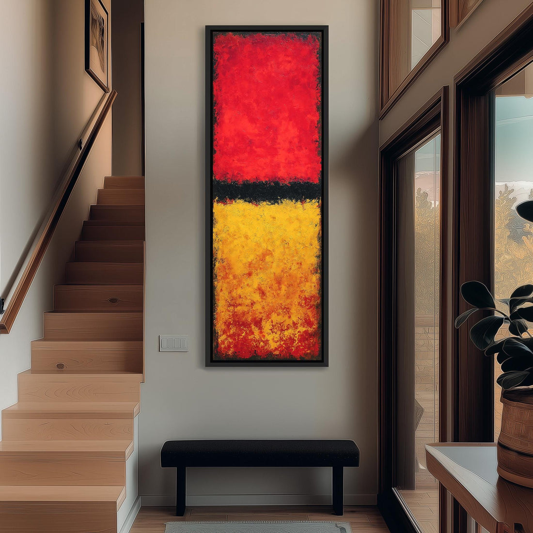 a modern hallway with a large abstract painting hanging on the wall, a wooden staircase, and a black bench in the foreground.