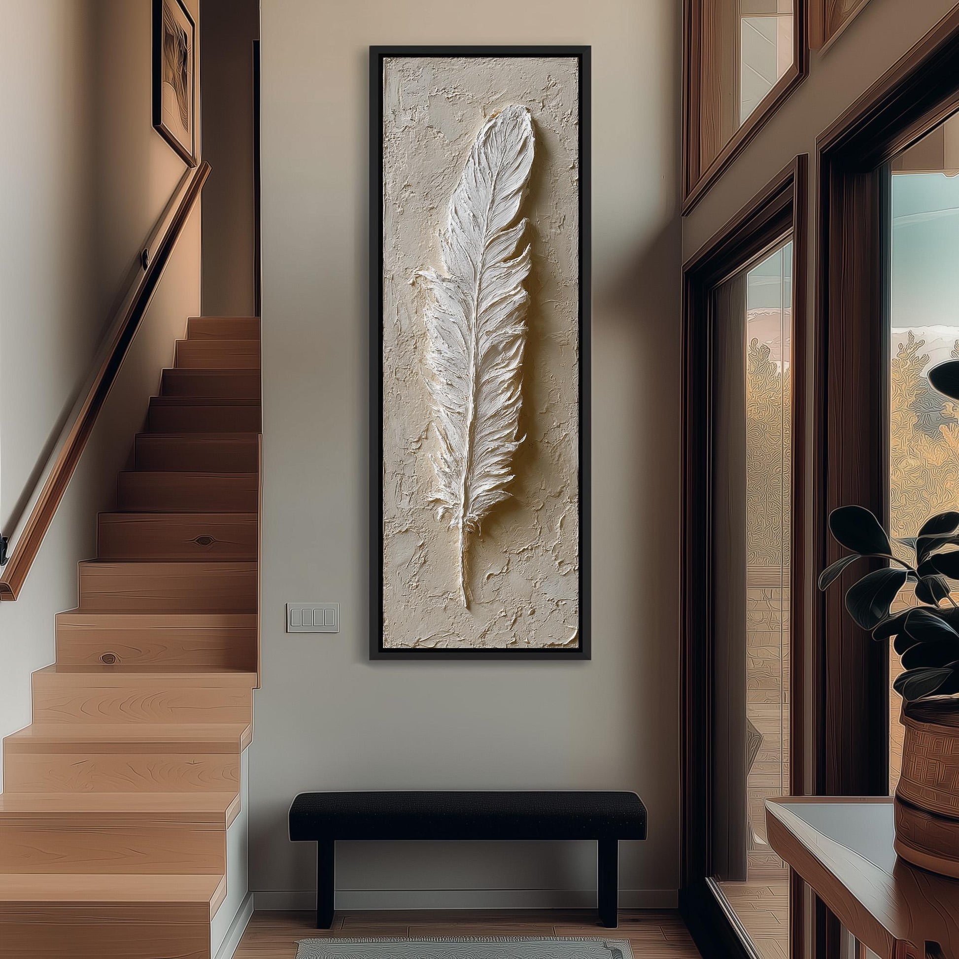 a modern interior design with a large, white feather sculpture hanging on the wall, a wooden staircase, a black bench, and a potted plant.