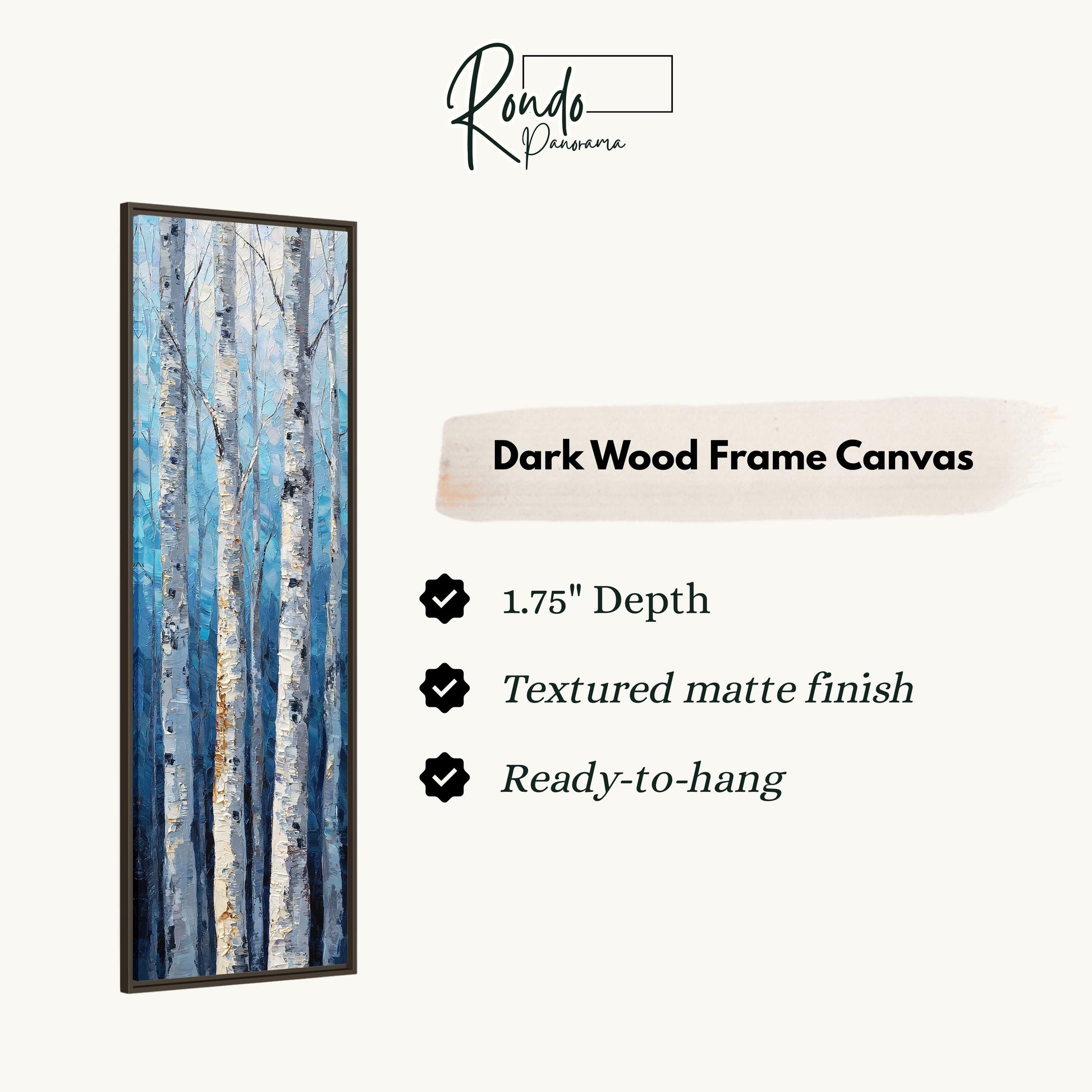 The image is a dark wood frame canvas depicting a painting of birch trees with a textured matte finish.