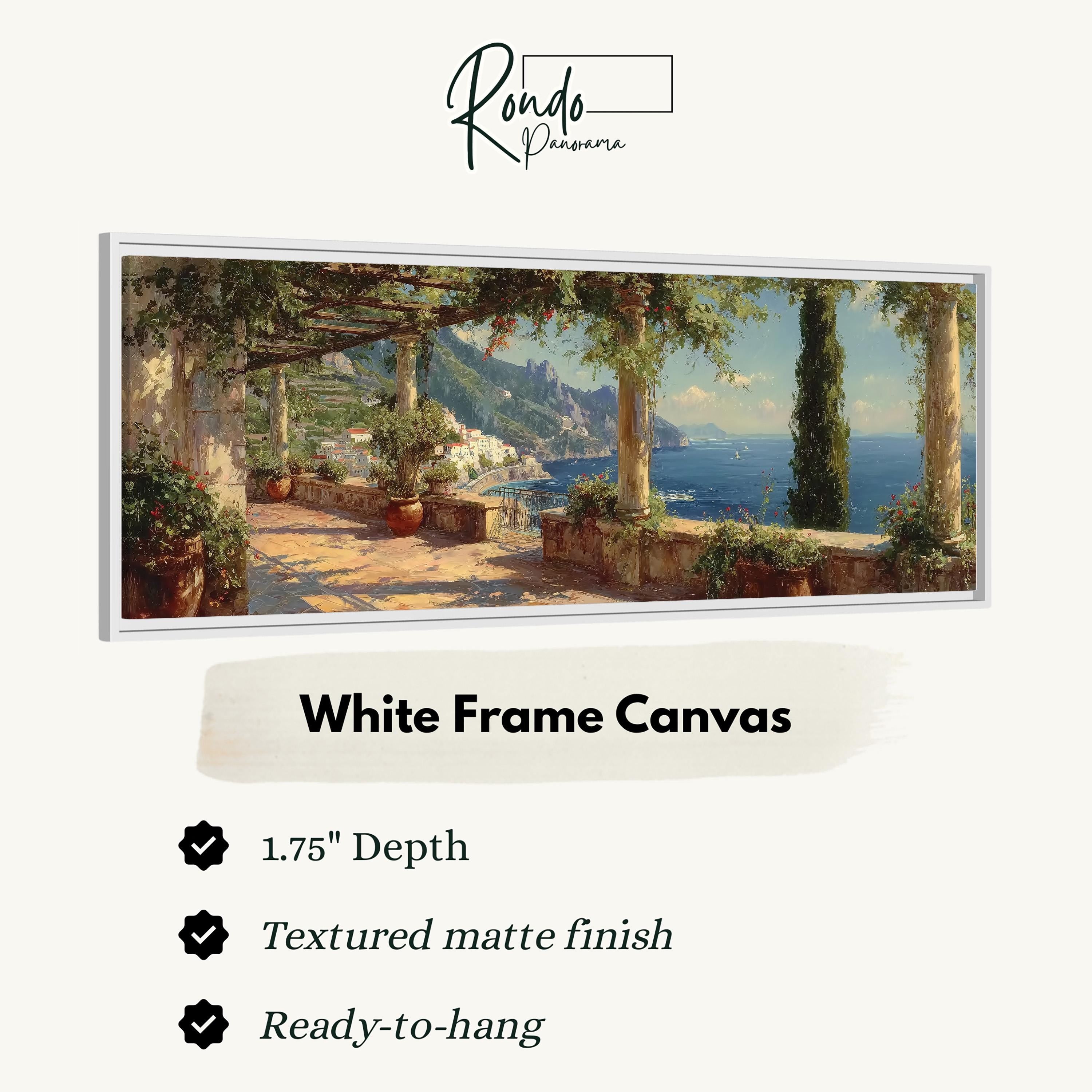 The image is a white frame canvas depicting a scenic coastal landscape with a patio, potted plants, and a view of the ocean.