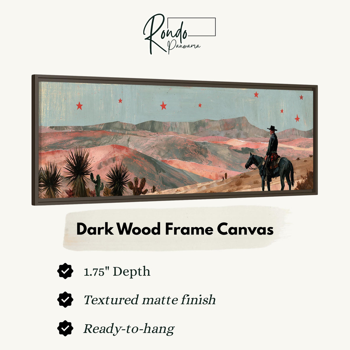 Desert cowboy under red stars canvas print in a dark wood floating frame
