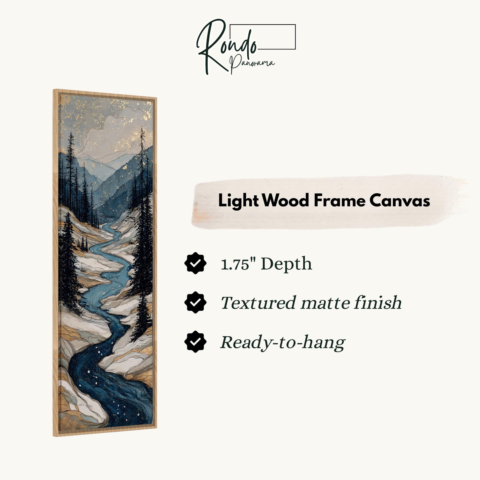 The image is a light wood frame canvas depicting a mountain landscape with a winding river.