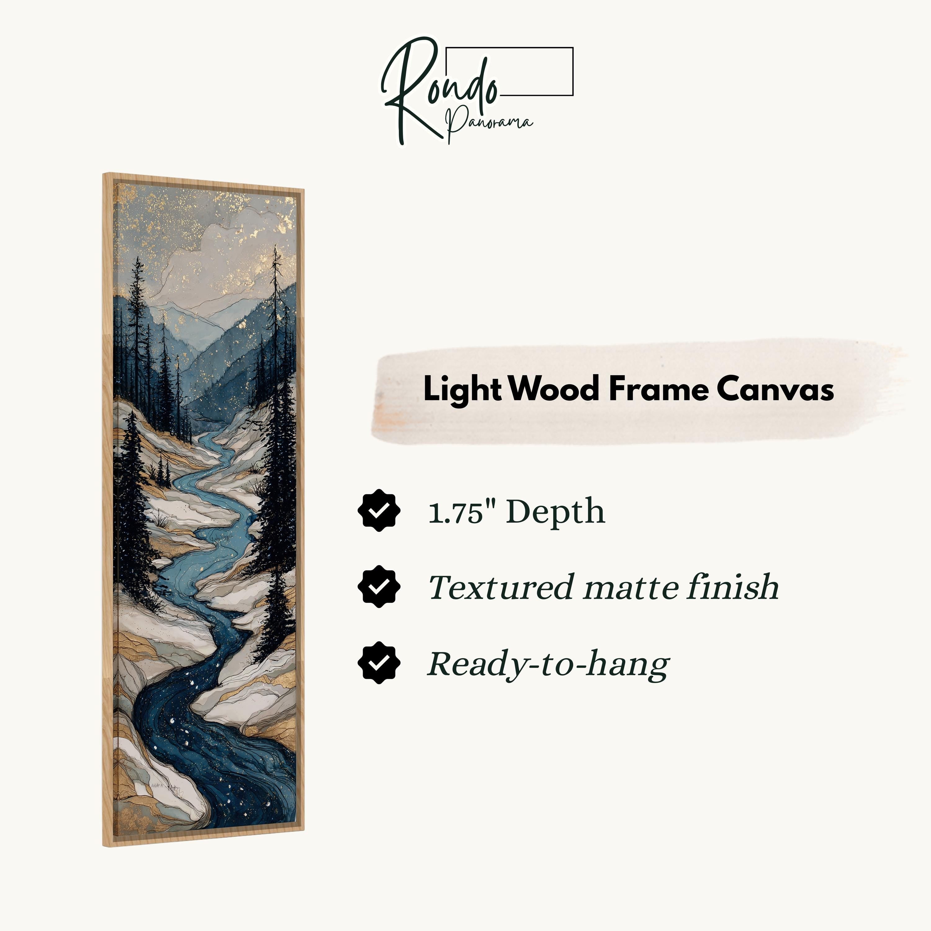 The image is a light wood frame canvas depicting a mountain landscape with a winding river.