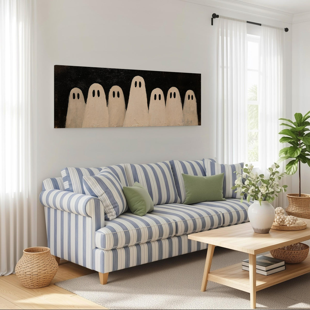 Friendly ghost gang long horizontal canvas print above a striped sofa in a coastal living room