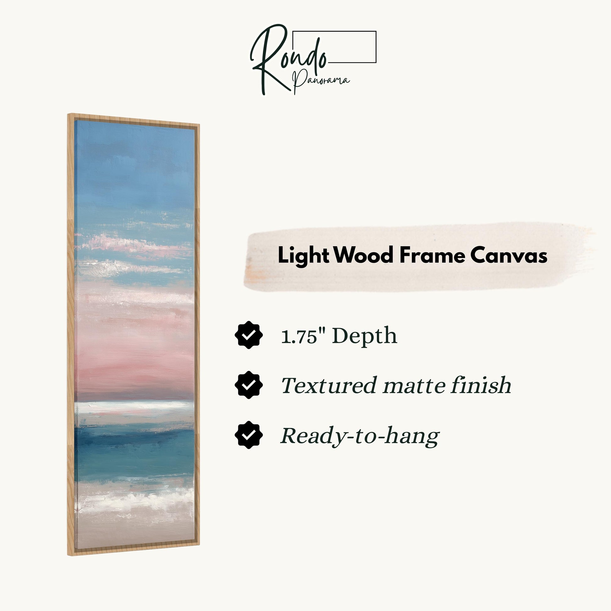 The image is a light wood frame canvas depicting a seascape with a blue sky and pink and white clouds.