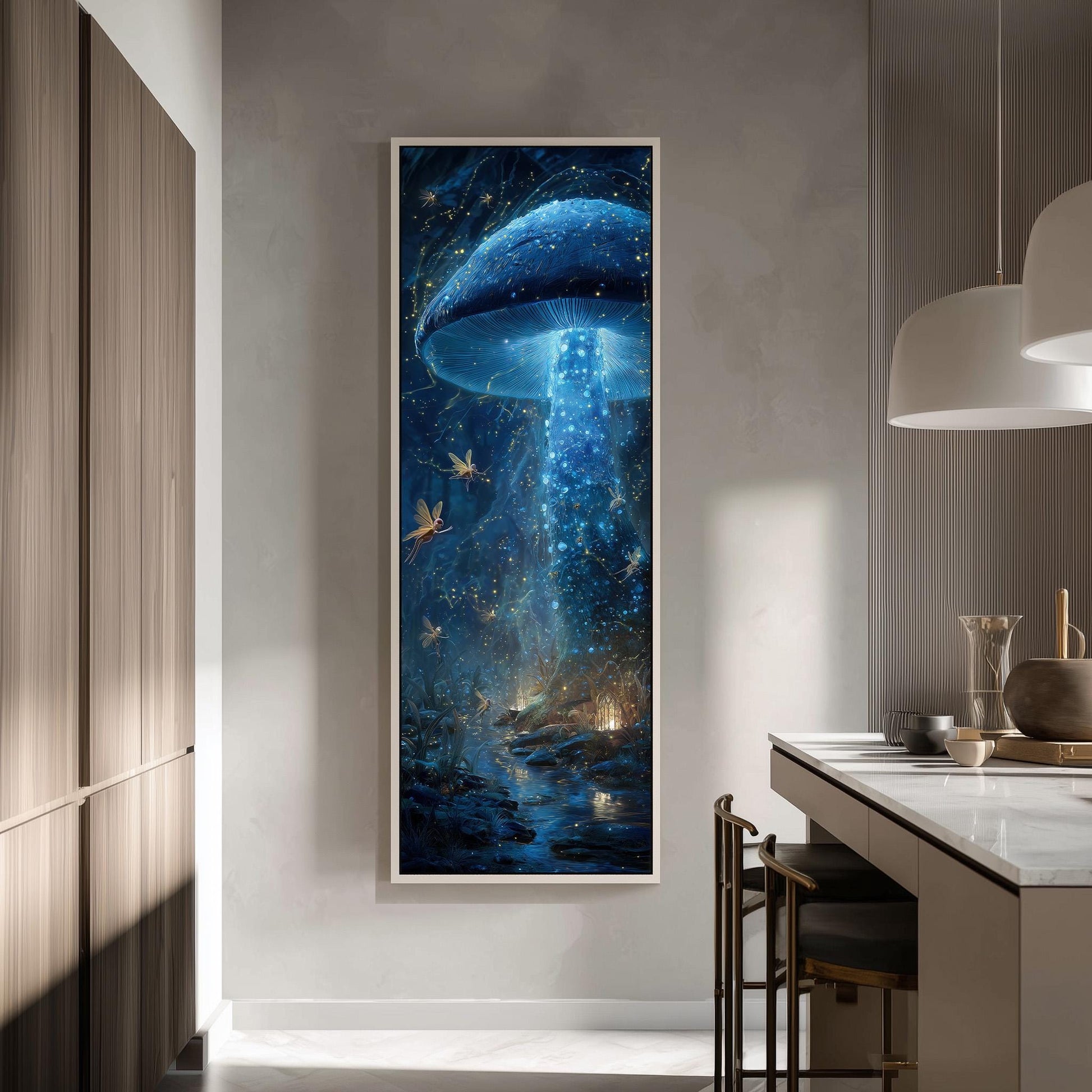 a large, framed painting of a mushroom-like creature with glowing blue and purple lights emerging from its head, surrounded by a starry night sky and other fantastical elements.