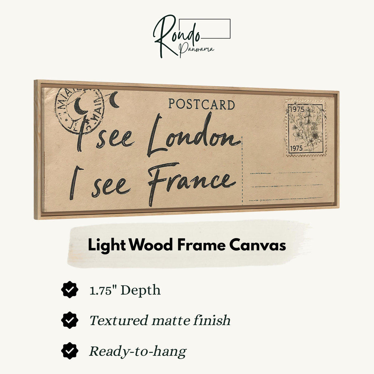 Postcard saying I see London, I see France canvas print in a light wood floating frame